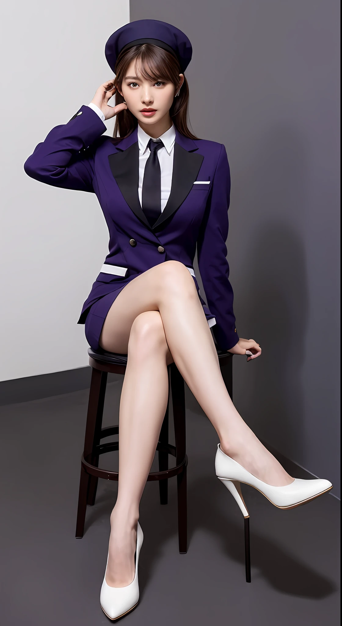 ((Realistic lighting, best qualtiy, 16k, tmasterpiece:1.3)), sharp fokus:1.2, young ,Beautiful Women with Perfect Figure:1.4, Slim abs:1.1, ((dark brown hair)), (Purple flight attendant suit,Purple flight attendant hat:1.4),(Plain background:1.1),sitting on a stool,Nice looking high heels,Ultra-fine face,Fine eyes,二重まぶた, White legs
