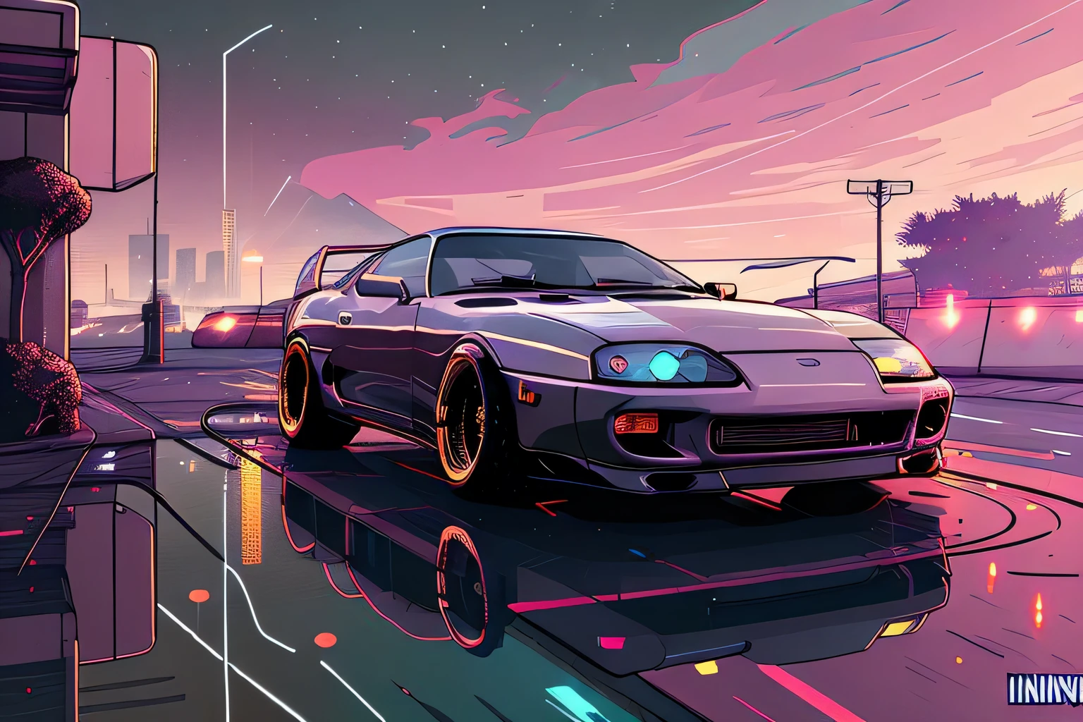 (nvinkpunk:1.2) (snthwve style:0.8) VAL1 mk4Supra VAL2, lightwave, sunset, intricate, highly detailed