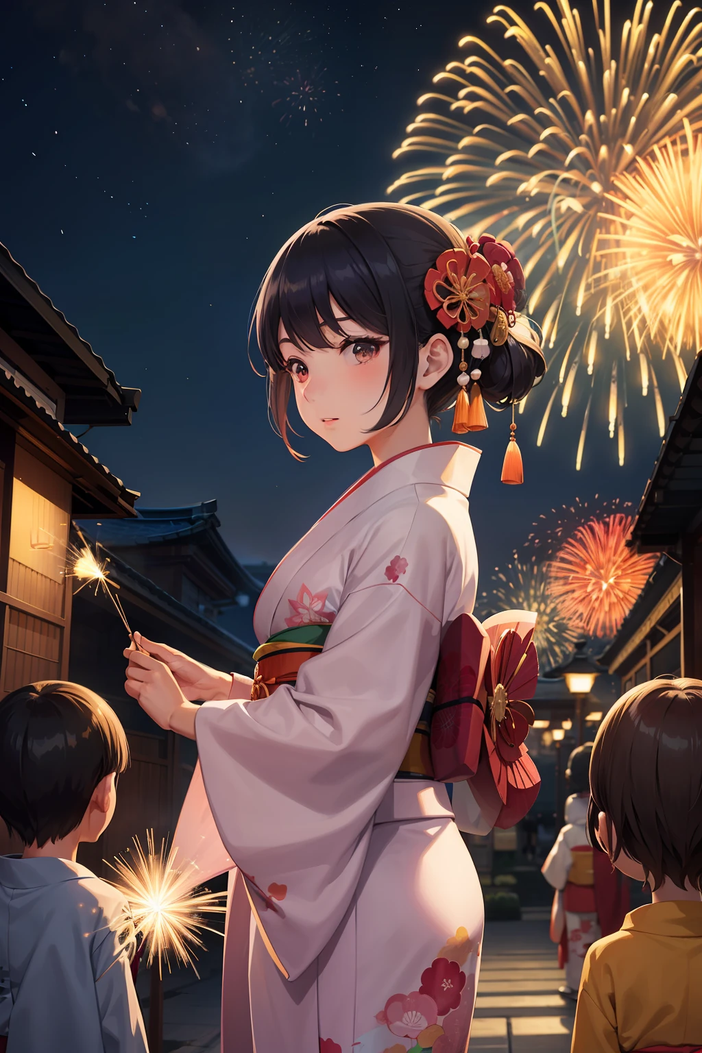 There is a woman in a kimono standing with a group of children, [ Fireworks in the sky ]!!, inspired by Matsuno Chikanobu, Summer Festival Night, japanese animation style, Fireworks in the background, in a kimono, Wearing a colorful yukata, japanese cartoon style, Night!, sparklers, digital anime illustration