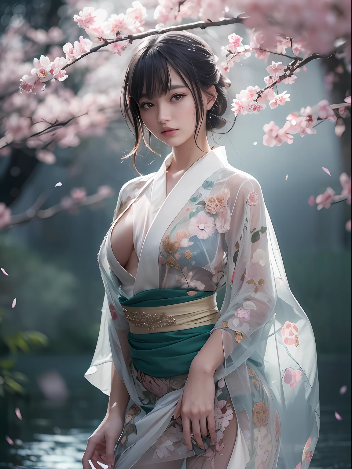 loose outfit、Show shoulders、How to wear a broken see-through kimono、Decorated with intricate patterns and bright colors、Transparent material that makes the skin shine、Artistic depiction of seductive woman in kimono with wet thin cloth and transparent skin, Floral and fantastic pattern with flowing silky traditional see-through skin。Her dress draped elegantly around her curvaceous figure、Emphasizes her charming silhouette。She's a gentle fireworks night、Dynamic Posing、Sexy Posing、bathed in the soft glow of moonlight。The scene is、With a hint of mystery and sensuality、It exudes an ethereal dreamy atmosphere。The image style is、Incorporates a blend of watercolor and digital illustration techniques.、It makes you feel delicate beauty and charm。Soft moonlit lighting、Cast gentle highlights and shadows on her mesmerizing features。Dynamic Posing、Bold poses、The hand is somewhere、see -through、show through、A sexy、Wet hair、Wet、cherry trees、flower petals、cherryblossom、The cherry tree、Sakura blizzard、buried、Transparent skin、Wet clothes、Chest Pulling、Translucent clothes、On the water、