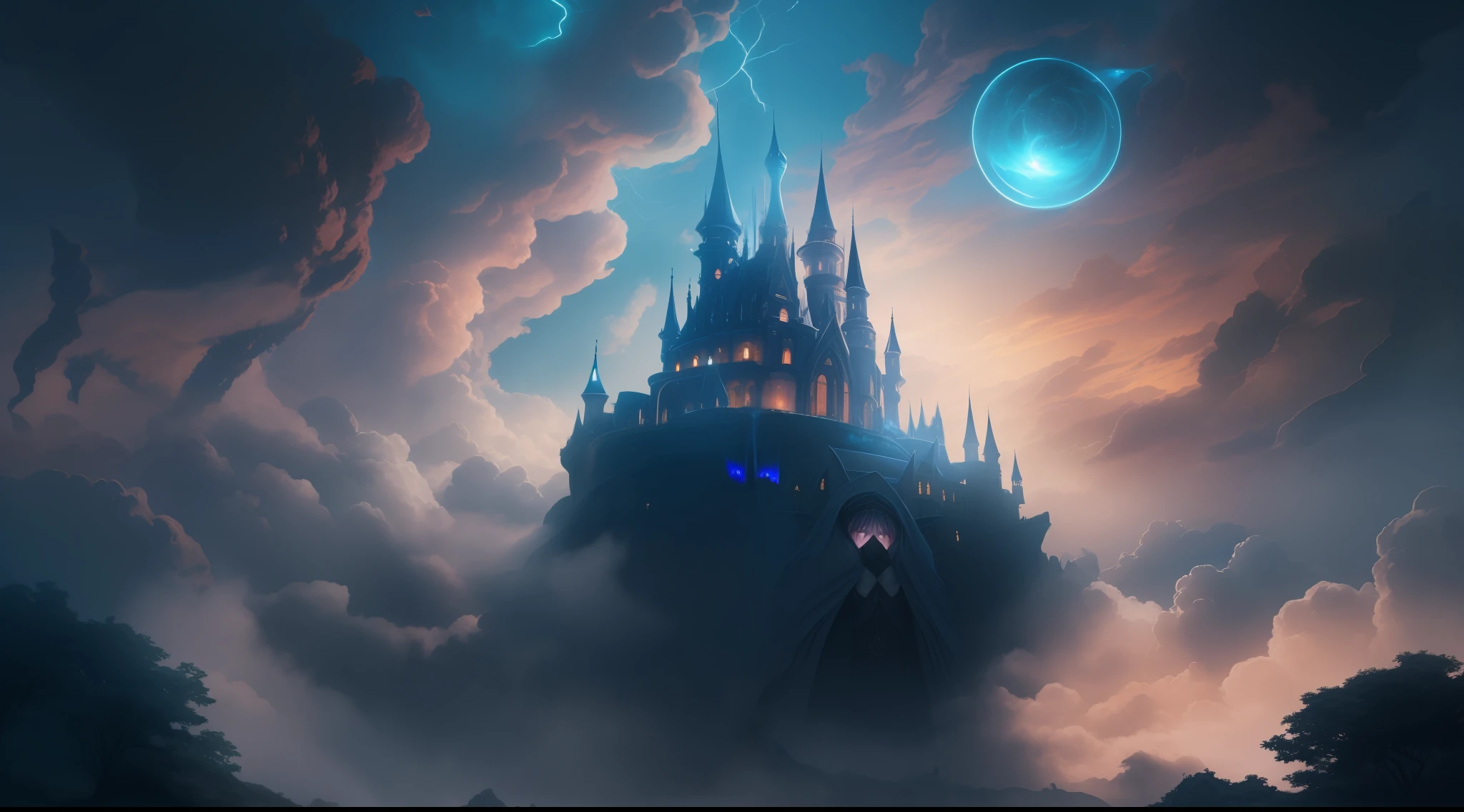 Above the rising clouds,Night, Dark, (Fantasy),infinite,deep blue sky,The abyss of knowledge,Cowledge,((masutepiece)), (((Best Quality))),((Beautiful fine eyes)),(Eye lashes)、Realistic clouds、Very beautiful face、The ultra -The high-definition、high fantasy castle、Beautiful girl riding on the shoulders of a golem、(1人)、Black hair、The long-haired、abyss eyes、glowy skin、oils、small tits、Perfect human body structure、Wizard robes、der riese、tattered cloth、Realistic coat、Tee、Super delicate CG Unity 32k wallpaper、photoRealstic、masterpiece, ((ultra-detailliert)), ((illustratio)),colourfull,wall-paper,The energy,Unknown terror,Incomprehensible,Around the magic,Magical surroundings,magic wands,Boken,Flying pages,Know everything,Predict the future、Get to know the past、Infinite wisdom、blue flames、Warlock、magic circles、Pentagram、Spells、mantra、Singing magic