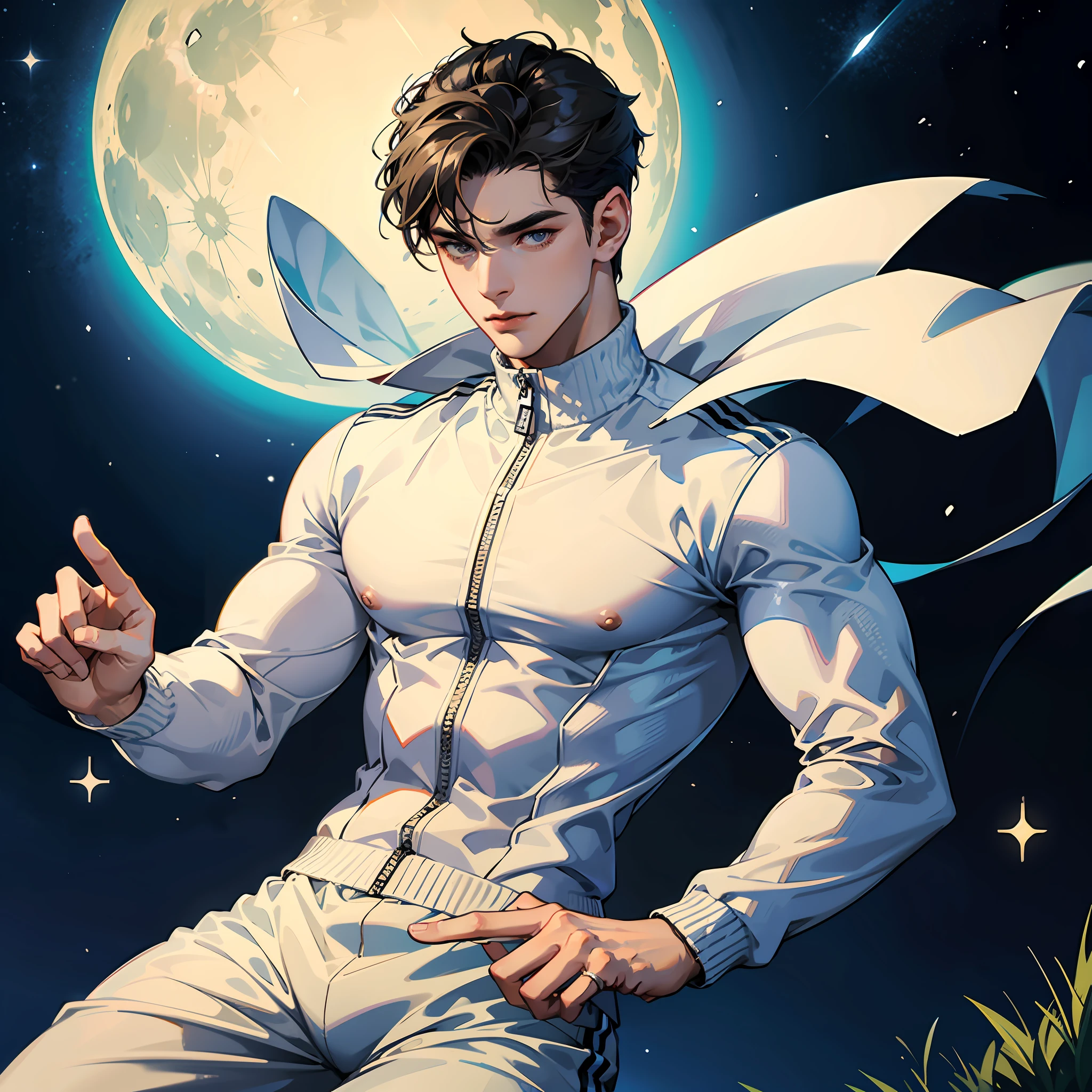 He is a 20-year-old guy with a beautiful face, toned muscles. Wear sexy white tracksuit. It's dark, school, murky, no moon, no stars