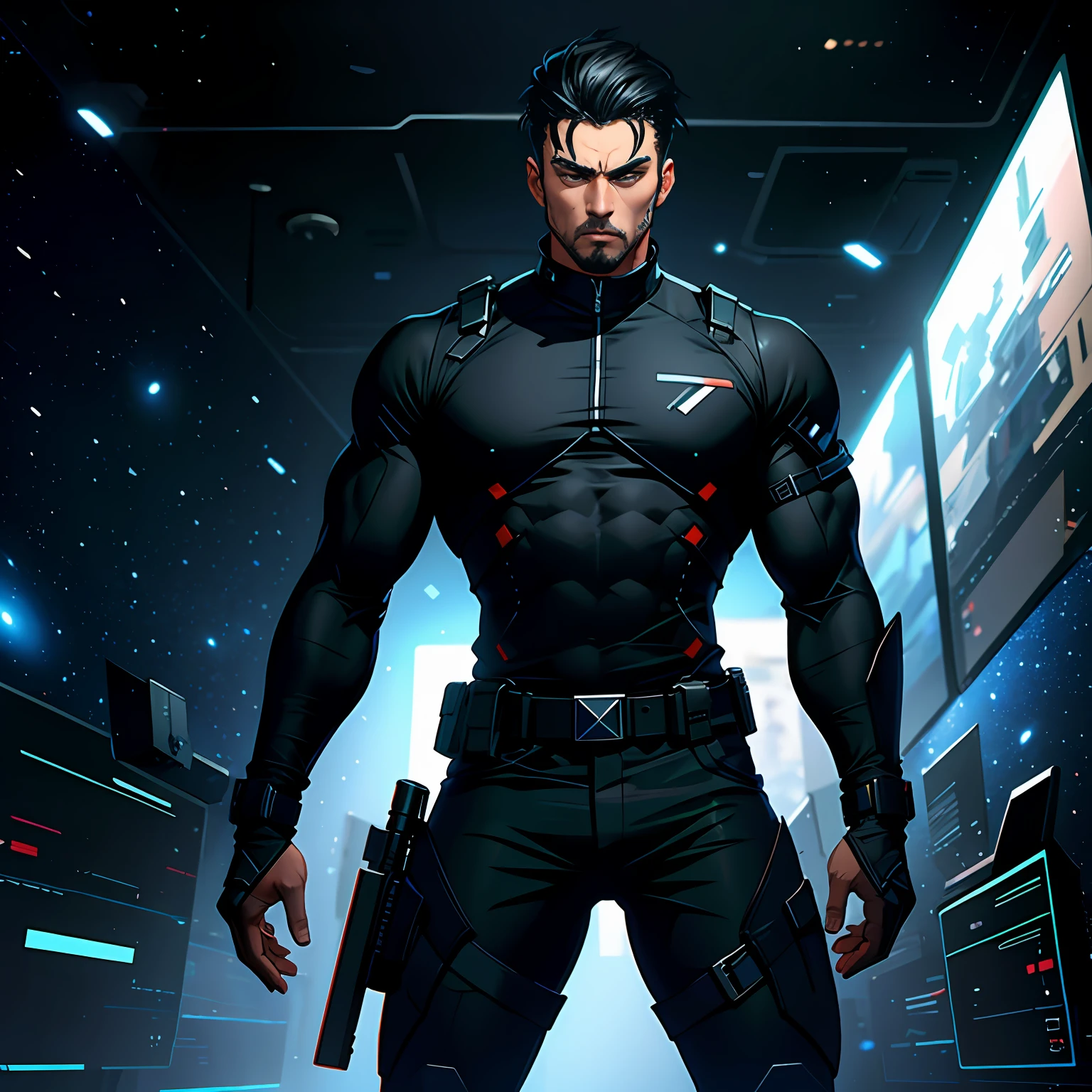A rough and muscular man，Standing in virtual space in black combat uniform