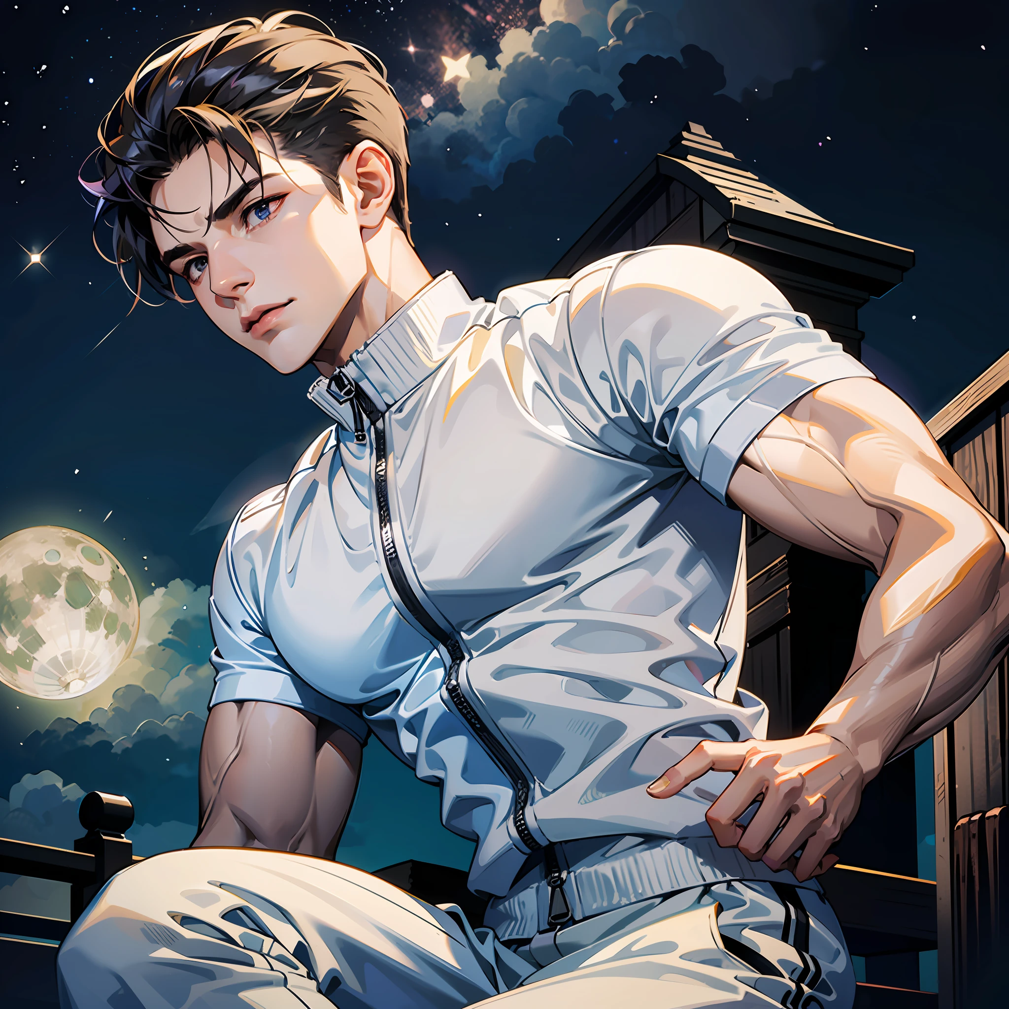 He is a 20-year-old guy with a beautiful face, toned muscles. Wear sexy white tracksuit. It's dark, school, murky, no moon, no stars