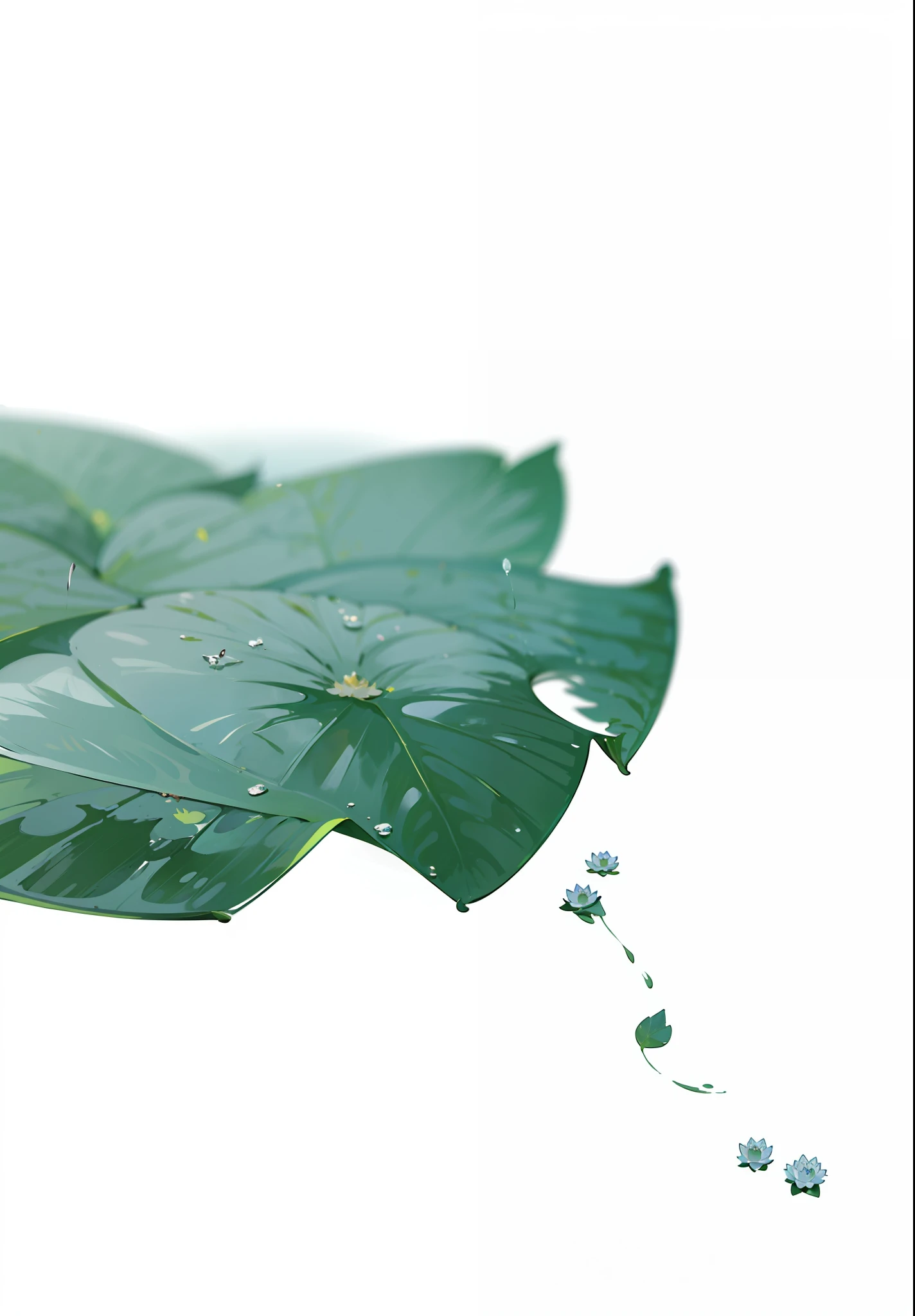 Lotus leaves dripp,A few drops of water drip from the lotus leaf,Side corner lotus leaves,Leave a blank background,Chinese ink style,Simple
