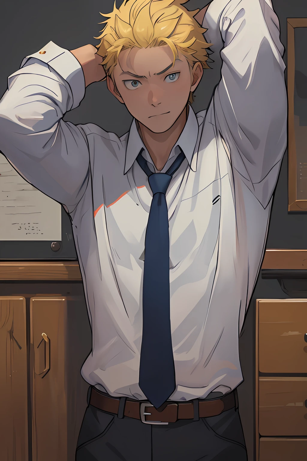 (1 Adult male),A high resolution, Sharp focus, Pixiv masterpiece, ((Complicated details)), highly detailed, natsuki_subaru, 1 man, Lazy,full bodyesbian,Stretch out, blue color eyes(eyes glowing), Short yellow hair,white shirt,Wear a tie,Wear a belt,perspire,look from down