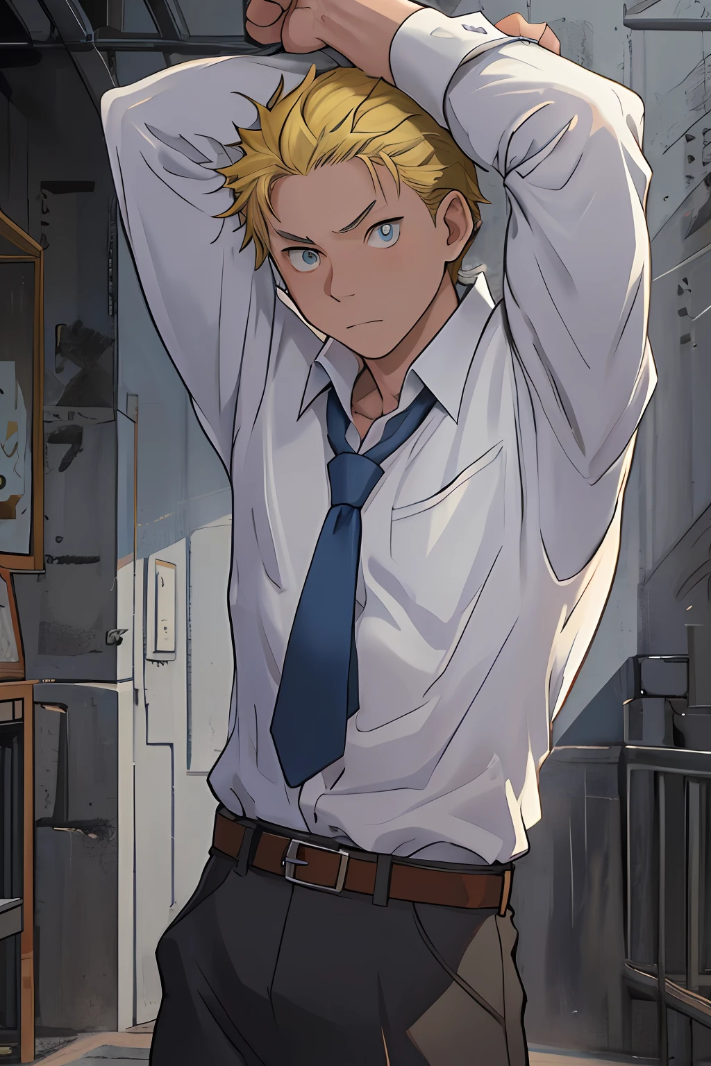 （1 Adult male），A high resolution， Sharp focus， Pixiv masterpiece， （（Complicated details））， highly  detailed， natsuki_subaru， 1 man， Lazy，full bodyesbian，Stretch out， blue color eyes（eyes glowing）， Short yellow hair，white  shirt，Wear a tie，Wear a belt，perspire，look from down