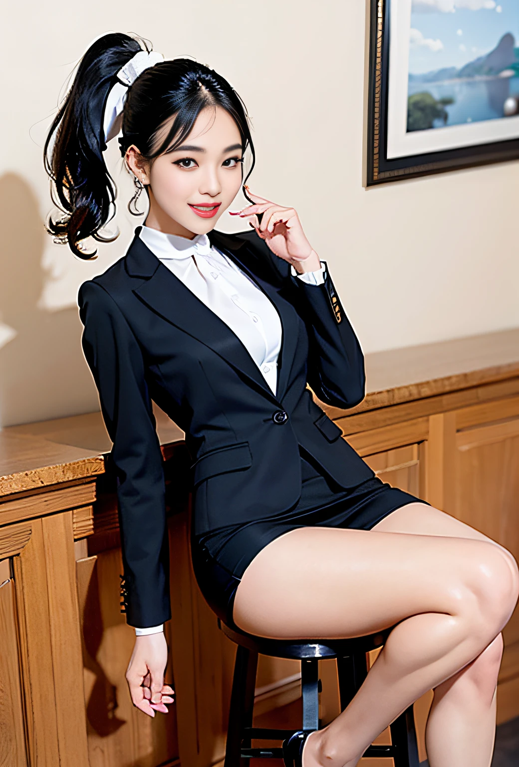 Sophisticated, masterpiece, beautiful details, colorful, fine details, delicate lips, intricate details, big breasts, 1 female, (a beautiful 20 year old cute Korean female: 1.1), (kpop idol, mixed Korean), ( 50mm Sigma f /1.4 ZEISS lens, F1.4, 1/800s, ISO 100, photograpy:1.1), (ponytail+black hair:1.2), (photorealistic:1.4), (spy:1.2), (open jacket, shirt, skirt, tie, black pantyhose, christian louboutin\(brand\),: 1.3), earrings, necklace, armband, (tavern, bar: 1.2), (beautiful legs, tall girl, skinny, slim_legs, thigh_gap, model :1.2), lens flare, viewed from the front, (happy smile: 1.1), dynamic pose, (makeup: 1.2), sitting on a bar stool,
