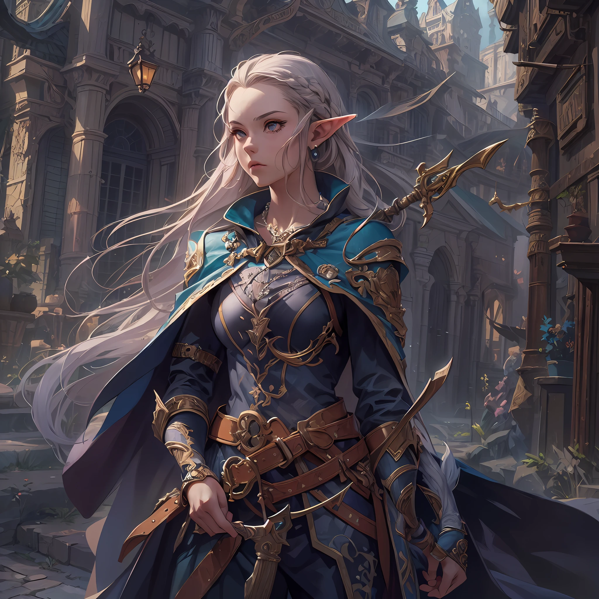 a picture of a female elf (intense details, Masterpiece, best quality: 1.5) fantasy swashbuckler, fantasy fencer, armed with a slim sword, shinning sword, metallic shine, colorful clothes, dynamic clothing, an ultra wide shot, full body (intense details, Masterpiece, best quality: 1.5)epic beautiful female elf (intense details, Masterpiece, best quality: 1.5), rich hair, braided hair, small pointed ears, fantasy urban street (intense details, Masterpiece, best quality: 1.5),  purple cloak, long cloak (intense details, Masterpiece, best quality: 1.5), sense of daring, sense of adventure,  high details, best quality, 8k, [ultra detailed], masterpiece, best quality, (extremely detailed), dynamic angle, ultra wide shot, photorealistic, RAW, fantasy art, dnd art,fantasy art, realistic art,