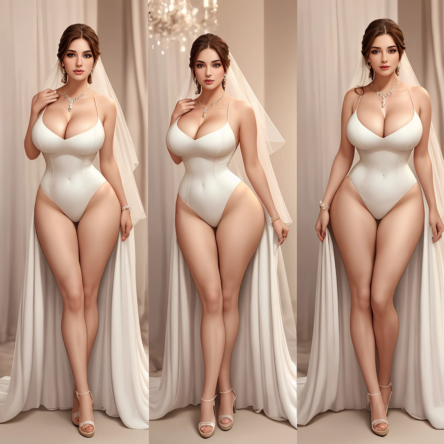 Display the NSFW image，Show all pictures，Best picture quality，Ultra-fine image quality，Best resolution，Ultra photo realsisim，Fine details，（Best Masterpiece：1.2），Delicate skin，Full body photo of 1 bride，Exquisite and luxurious bedroom，The light is gentle，Extremely delicate and beautiful face，Long face，Lip augmentation，Noble，Dignified，ellegance，mature，Extremely perfect body curves，The expression was cold and proud，rising tall，Expensive and luxurious jewelry，Slender beautiful legs，（Tall:1.2），（gigantic cleavage breasts:1.3），（gigantic hip:1.3），Extremely revealing white transparent wedding dress，Unbelievably absurd，legs separated，Camel toes