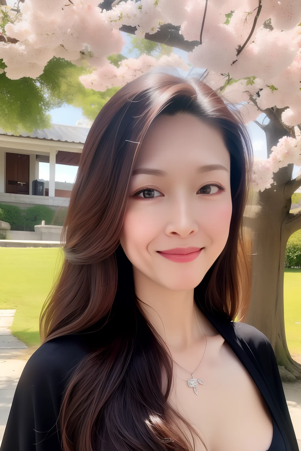 (masterpiece:1.3), (best quality:1.3), (realistic:1.3), (photorealistic:1.4), (extremely intricate:1.3), (exquisitely detailed skin), cinematic light, rimlight, vibrant color, depth of field, ultra high res, 8k, uhd, hyper realistic, perfect anatomy, best shadow, ray tracing, delicate, intricate detailed, raw photo, hdr, sharp focus, 1girl, solo, random hairstyle, hair ornament, hairband, hairclip, beautiful woman wearing kimono, gloss lips, (large breasts:1.3), jewelry, earrings, necklace, tattoo, looking at viewer, naughty face, naughty smile, dynamic pose, scenery, landscape, cherry blossom tree, falling petals, japanese shrine, east asian architecture, japanese architecture, daytime
