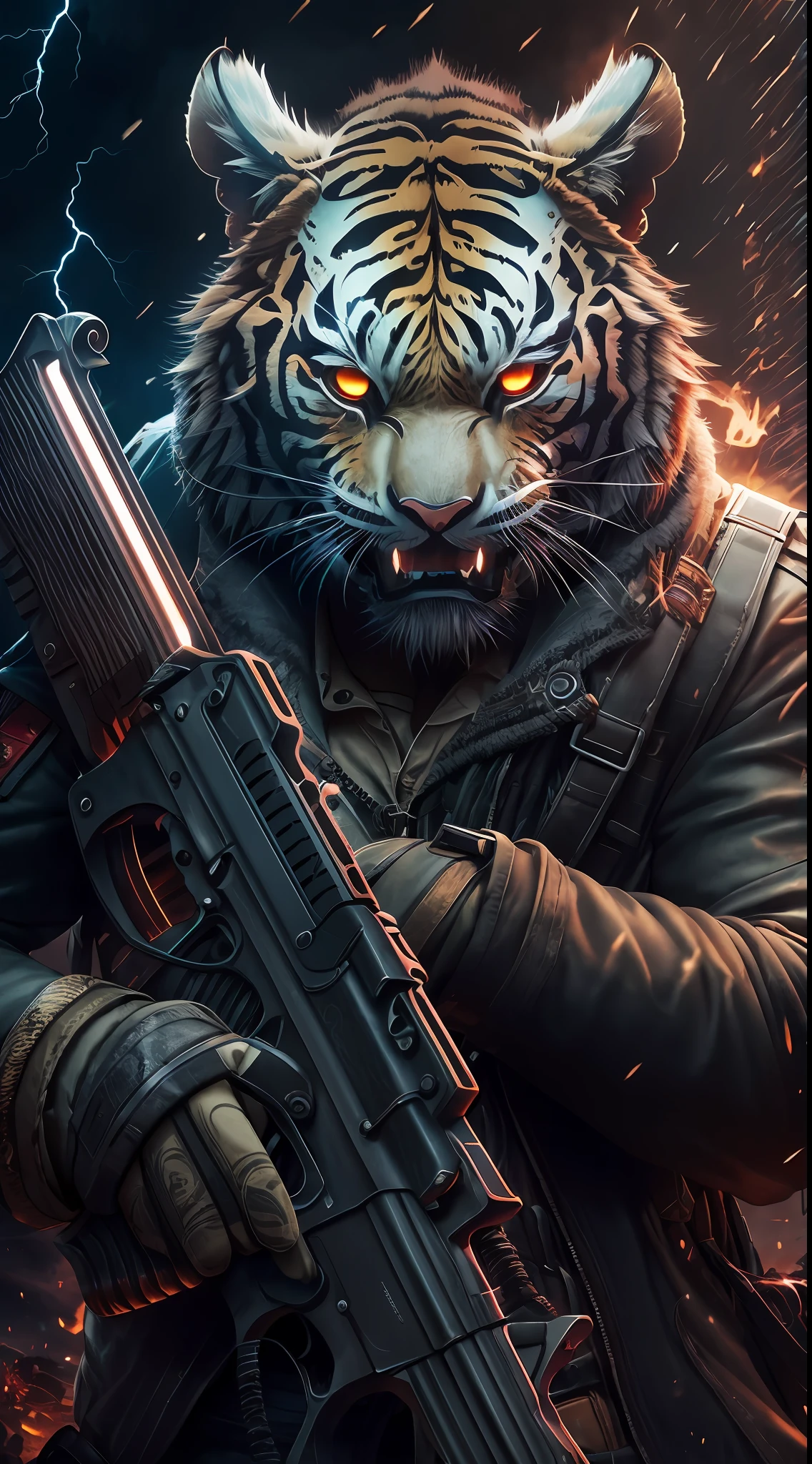 Angry Tiger God, closeup cleavage, Steampunk anthropomorphism , Hold a Saab punk glowing rifle，Carry a grenade，Magazines，Black Death mask, artstation illustrators, Intricate details, face, Full body portrait, Dim light, illustration, hyper HD, 4k ultra realistic, Tension, Cold, Highly detailed, Sharp focus, professional, 8K  UHD, Cinematic, Dark, violent, Outdoor, River, battle, chase, Dramatic, Vivid, Intense atmosphere, Renders, Epic, Twilight, hdr, album covers, Blizzard, Lightning, Cataclysm，Full body photo