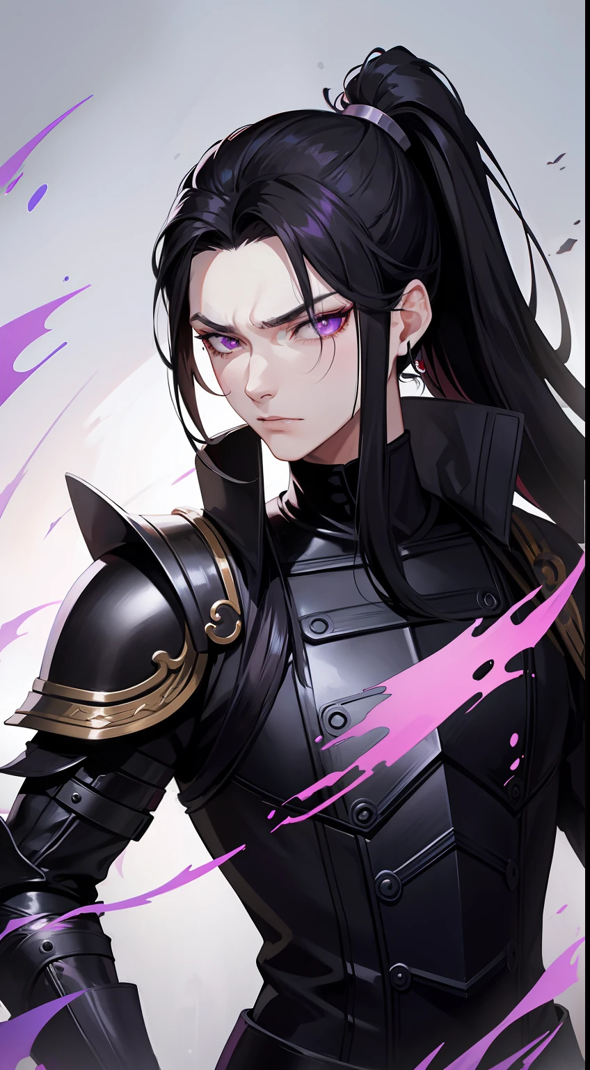 adult man, Long black hair, high ponytail, violet eyes, Fantasy, Korean Demon Armor, anger, Masterpiece, hiquality