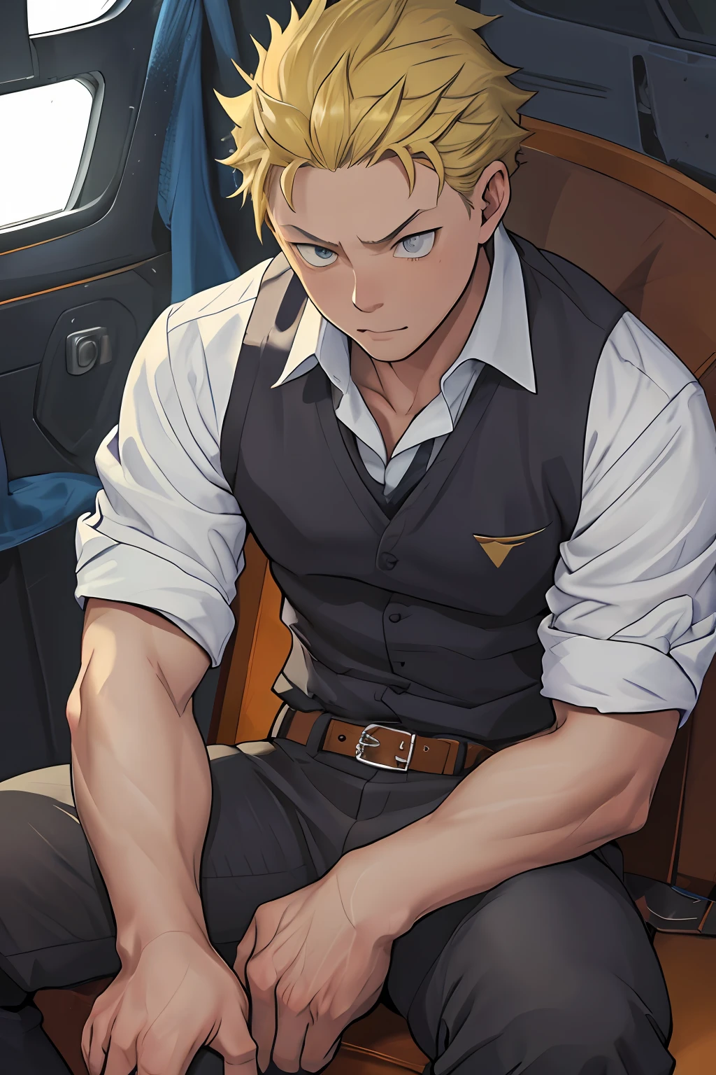(1 Adult male),A high resolution, Sharp focus, Pixiv masterpiece, ((Complicated details)), highly detailed, natsuki_subaru, 1 man, Lazy,Bad laughs,full bodyesbian,sit astride, blue color eyes(eyes glowing), Short yellow hair,white shirt,Wear a tie,Wear a belt,perspire,look from down