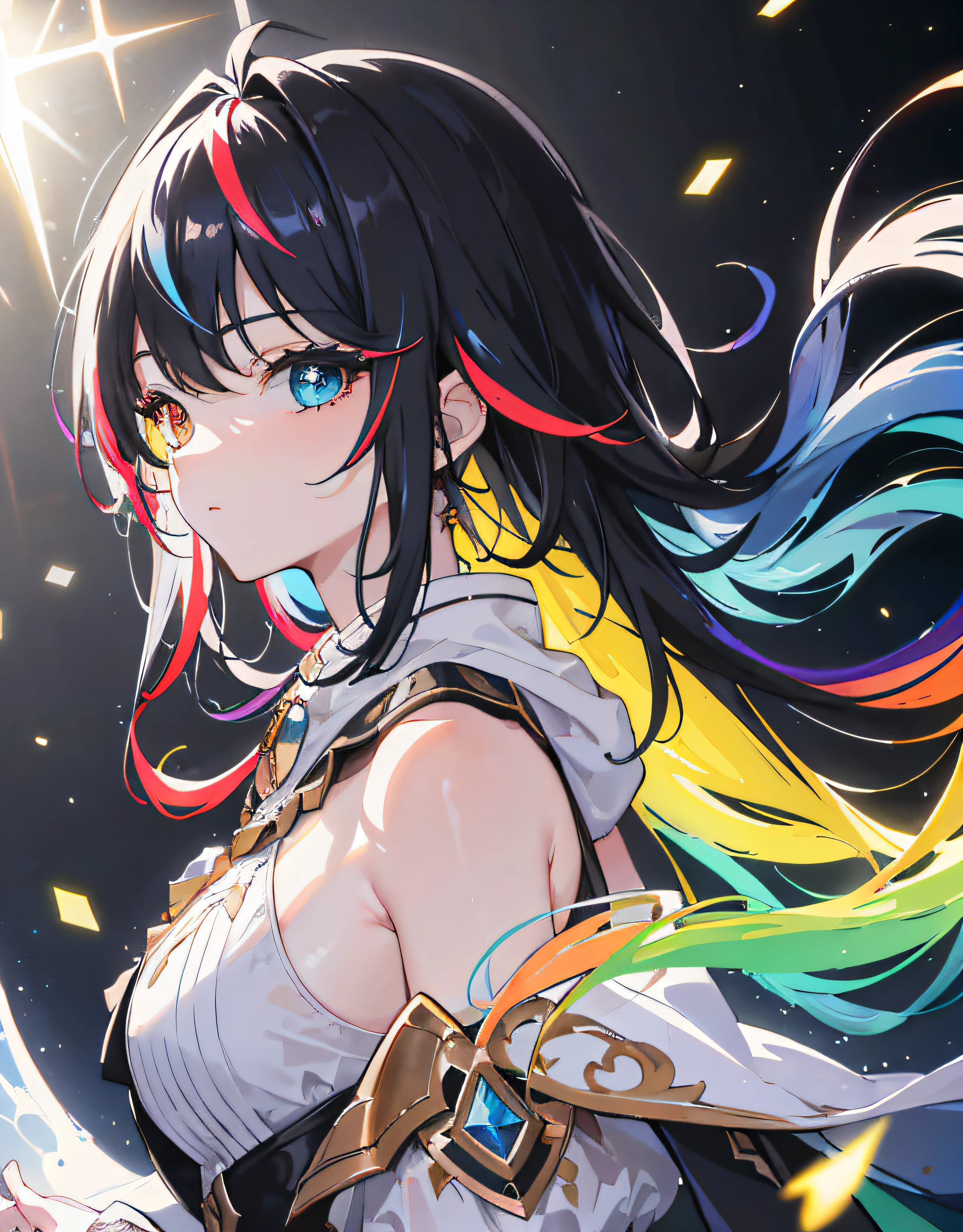 {{masterpiece}}, best quality, extremely detailed CG unity 8k wallpaper, cinematic lighting, lens flare, beautiful detail eyes, black, side glance, multicolor hair, colorful light, particles, heterochromia, (colorful:1.5), (colorful hair:1.5),