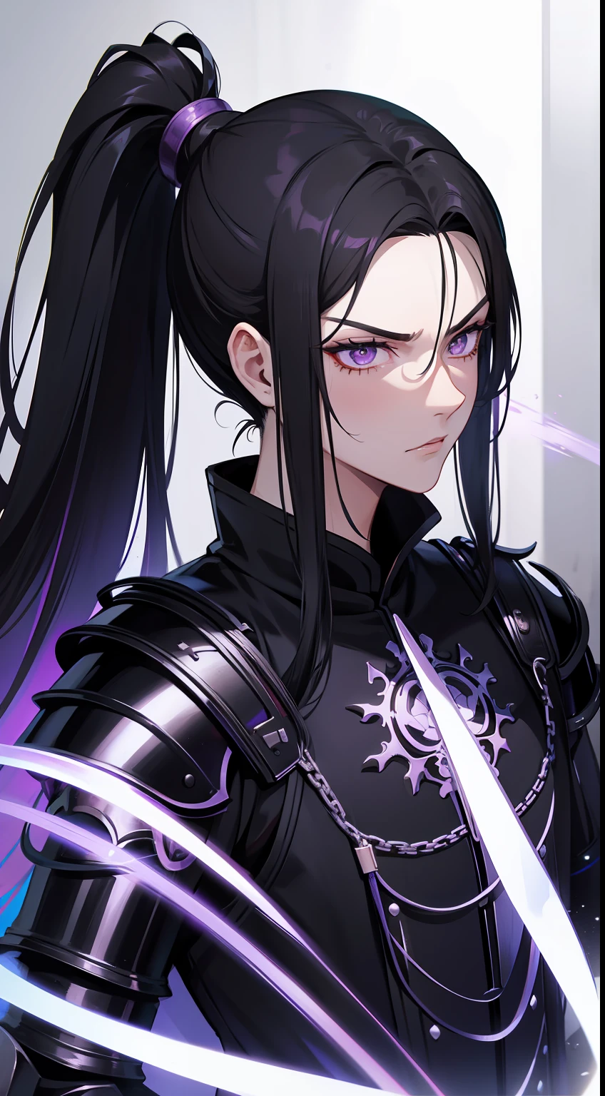 adult man, Long black hair, high ponytail, violet eyes, Fantasy, Korean Demon Armor, anger, Masterpiece, hiquality