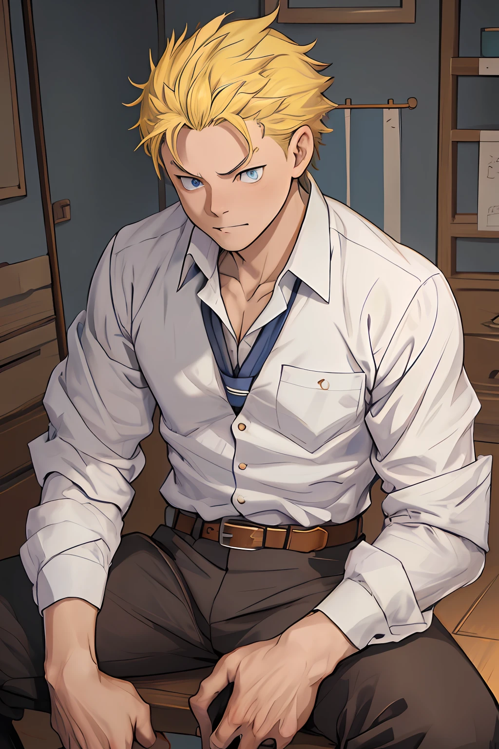 （1 Adult male），A high resolution， Sharp focus， Pixiv masterpiece， （（Complicated details））， highly  detailed， natsuki_subaru， 1 man， Lazy，Bad laughs，full bodyesbian，sit astride， blue color eyes（eyes glowing）， Short yellow hair，white  shirt，Wear a tie，Wear a belt，perspire，look from down