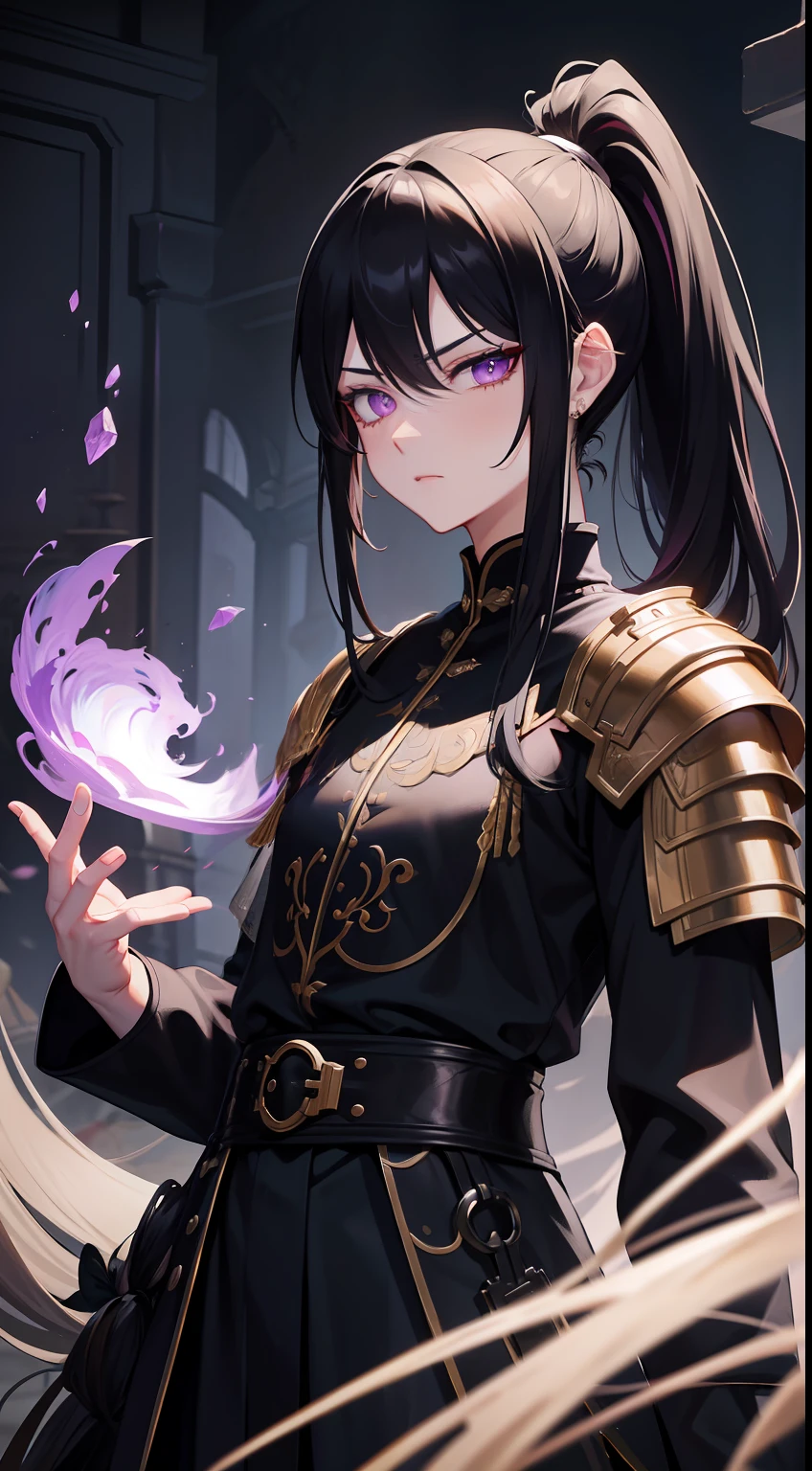 adult man, Long black hair, high ponytail, violet eyes, Fantasy, Korean Demon Armor, anger, Masterpiece, hiquality