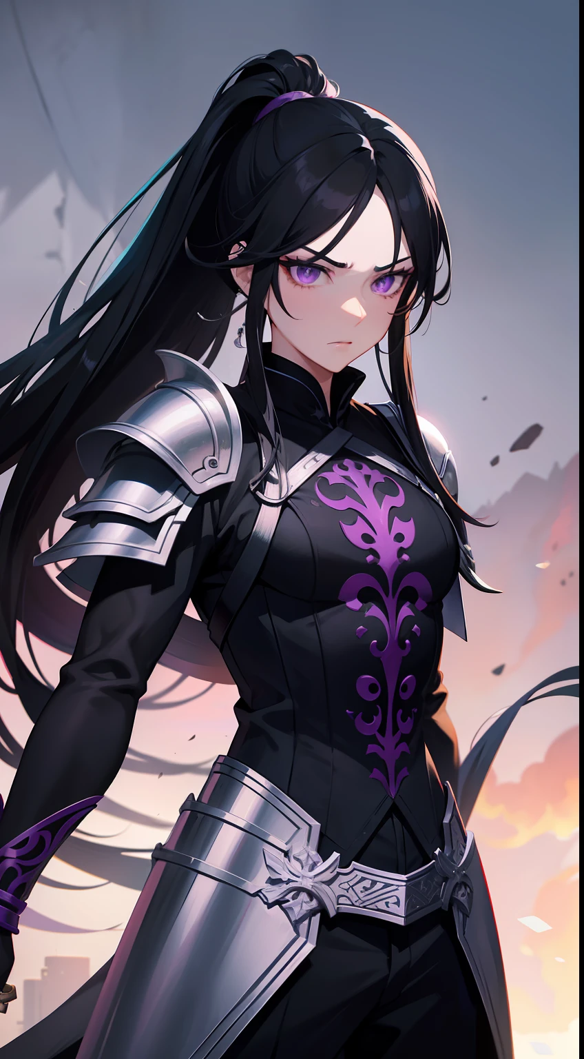 adult man, Long black hair, high ponytail, violet eyes, Fantasy, Korean Demon Armor, anger, Masterpiece, hiquality