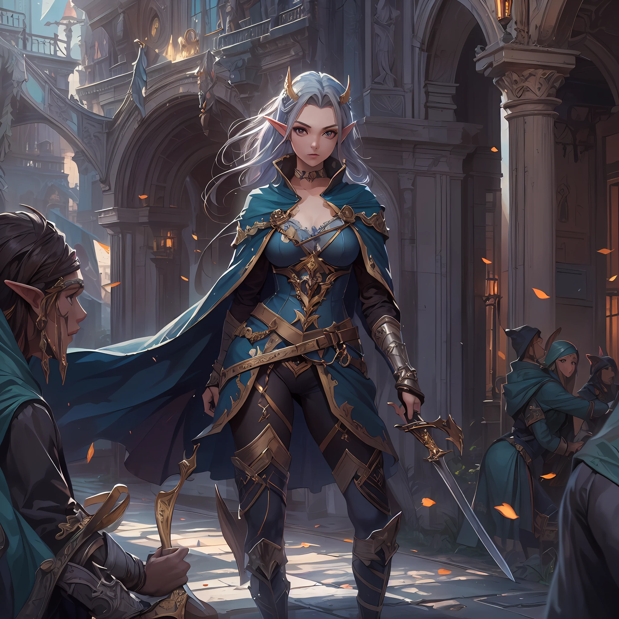 a picture of a female elf (intense details, Masterpiece, best quality: 1.5) fantasy swashbuckler, fantasy fencer, armed with a slim sword, shinning sword, metallic shine, colorful clothes, dynamic clothing, an ultra wide shot, full body (intense details, Masterpiece, best quality: 1.5)epic beautiful female elf (intense details, Masterpiece, best quality: 1.5), rich hair, braided hair, small pointed ears, fantasy urban street (intense details, Masterpiece, best quality: 1.5),  purple cloak, long cloak (intense details, Masterpiece, best quality: 1.5), sense of daring, sense of adventure,  high details, best quality, 8k, [ultra detailed], masterpiece, best quality, (extremely detailed), dynamic angle, ultra wide shot, photorealistic, RAW, fantasy art, dnd art,fantasy art, realistic art,