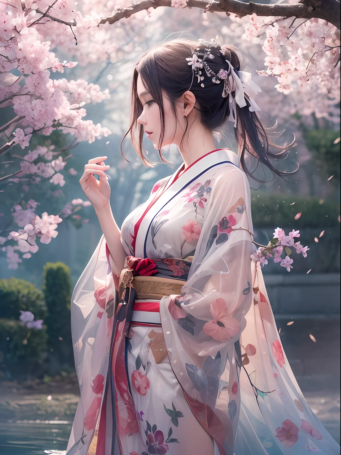 loose outfit、Show shoulders、How to wear a broken see-through kimono、Decorated with intricate patterns and bright colors、Transparent material that makes the skin shine、Artistic depiction of seductive woman in kimono with wet thin cloth and transparent skin, Floral and fantastic pattern with flowing silky traditional see-through skin。Her dress draped elegantly around her curvaceous figure、Emphasizes her charming silhouette。She's a gentle fireworks night、Dynamic Posing、Sexy Posing、bathed in the soft glow of moonlight。The scene is、With a hint of mystery and sensuality、It exudes an ethereal dreamy atmosphere。The image style is、It incorporates a blend of watercolor and digital illustration techniques.、It makes you feel delicate beauty and charm。Soft moonlit lighting、Cast gentle highlights and shadows on her mesmerizing features。Dynamic Posing、Bold poses、The hand is somewhere、see -through、show through、A sexy、Wet hair、Wet、cherry trees、flower petals、cherryblossom、The cherry tree、Sakura blizzard、buried、Transparent skin、Wet clothes、Chest Pulling、Translucent clothes、On the water、