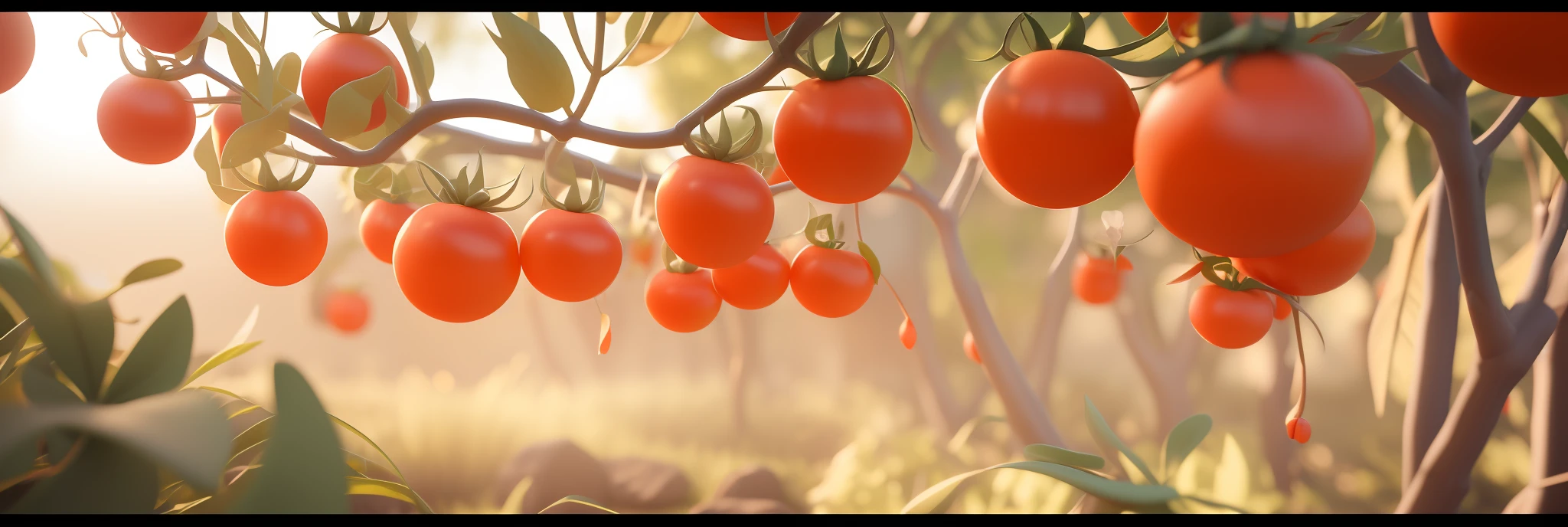 tmasterpiece, best qualtiy, A close-up meadow scene,Microscopic perspective, 8K, centered composition, Magic Forest,There are many ripe tomatoes hanging from the tree, fairy fruit. rendering by octane, Tomatoes hanging from branches, arte renderizada, animation style render, hyperdetailed crisp render, rendered in arnold, beautiful octane render, Global illumination. vfx, photorealistic cinematic render, 3 d render stylized, stylized as a 3d render, rendered in cinema 4 d