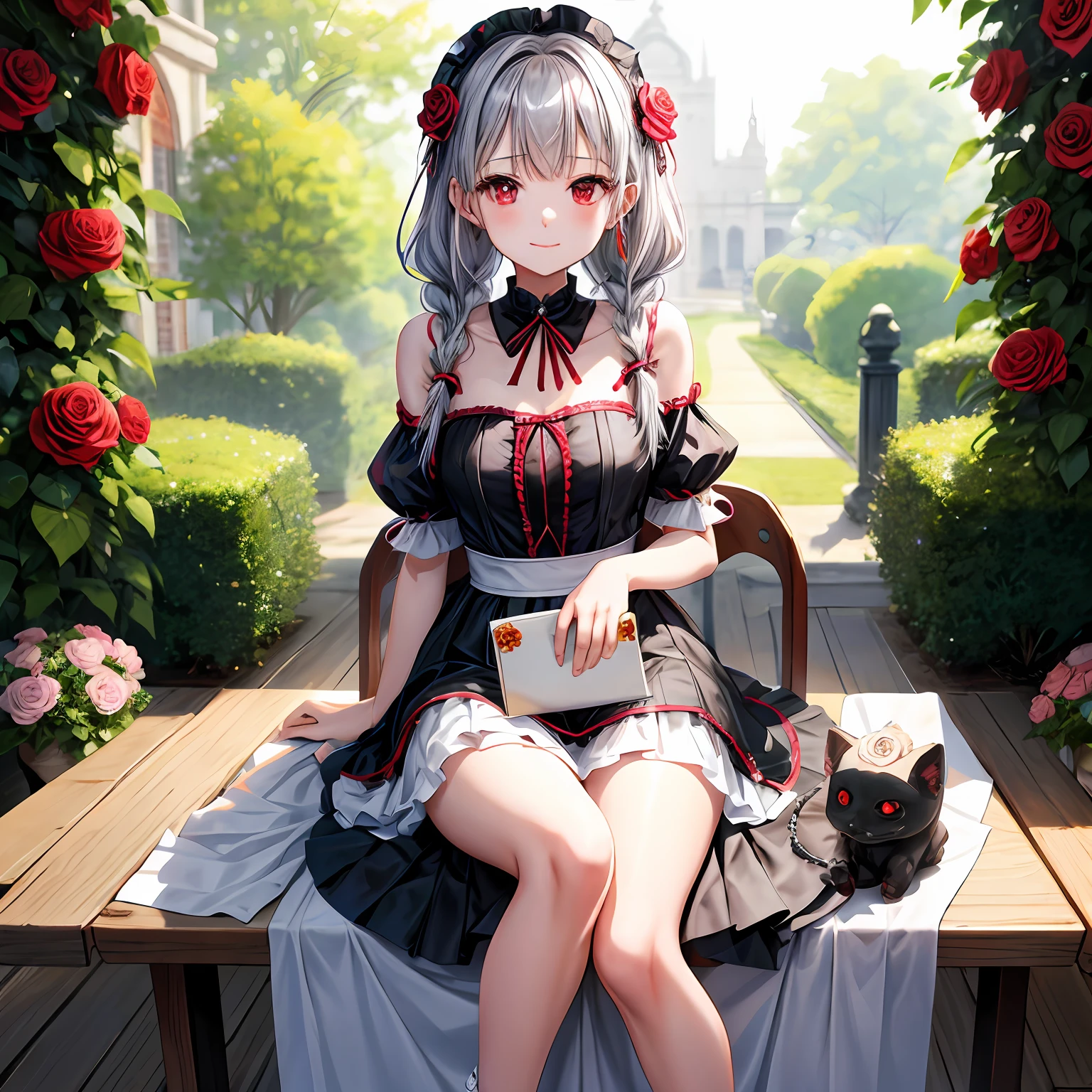 silber hair、red eyes、One pretty girl、独奏、animesque、Maids、off shoulders、a miniskirt、Sitting on a chair、Foot braids、rose garden