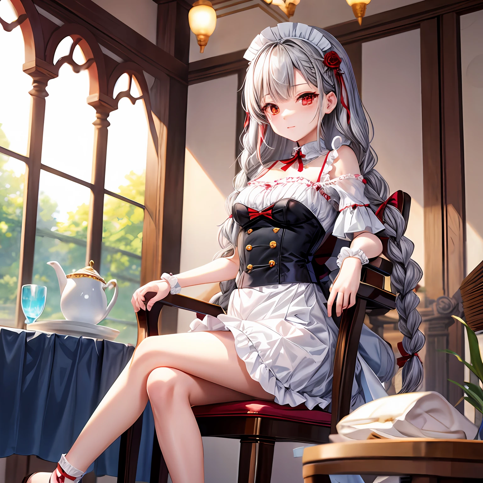 silber hair、red eyes、One pretty girl、独奏、animesque、Maids、off shoulders、a miniskirt、Sitting on a chair、Foot braids、rose garden