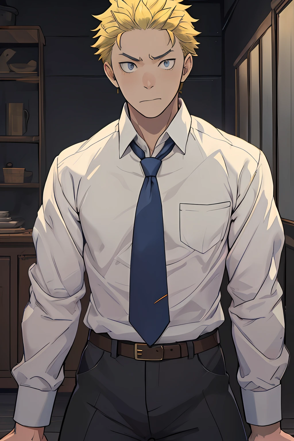 (1 Adult male),A high resolution, Sharp focus, Pixiv masterpiece, ((Complicated details)), highly detailed, natsuki_subaru, 1 man, Discouraged,full bodyesbian,kneel, blue color eyes(eyes glowing), Short yellow hair,white shirt,Wear a tie,Wear a belt,perspire,look from down