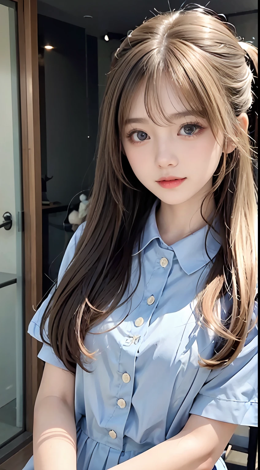 bright expression、Foto realism、top-quality、超A high resolution、A picture、The most beautiful photos of Nordic girls、Detailed cute and beautiful face、a small face、(PureErosFace_V1:0.008)、beautiful bangs、alice in the wonderland、young 、shiny white shiny skin、poneyTail、Bangs that extend to the face、By bangs、Hair between the eyes、Super long hair、Attractive platinum blonde hair is extra-long silky hair、finer hair、Charming glowing beauty bright clear clear light blue big eyes、School uniforms、Student clothes、eyes liner、Double eyelids、crisp breasts