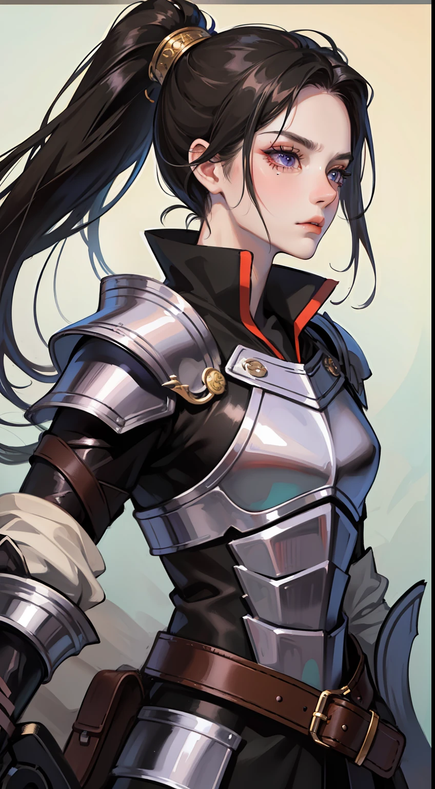adult man, Long black hair, high ponytail, violet eyes, Fantasy, Korean Demon Armor, anger, Masterpiece, hiquality