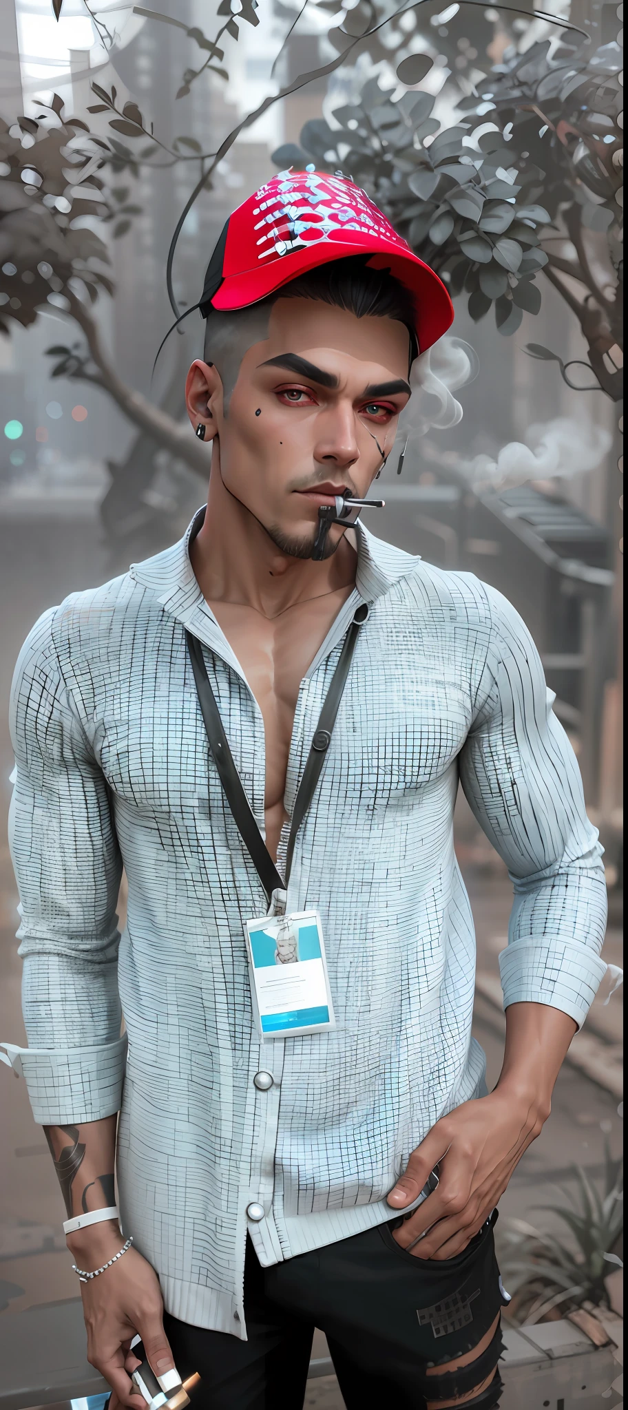 "dark theme :: closeup face focus, ultra realistic futuristic cyberpunk muscular male white hair sitting (smoking cigarette:1.2) :: cyberpunk face (cyber eyes) :: cool cybernetic punk jacket red neon eyes :: shirtless:: mechanical intricate mask :: natural lighting :: bokeh :: 8k :: best quality :: masterpiece :: futuristic cityscape background"