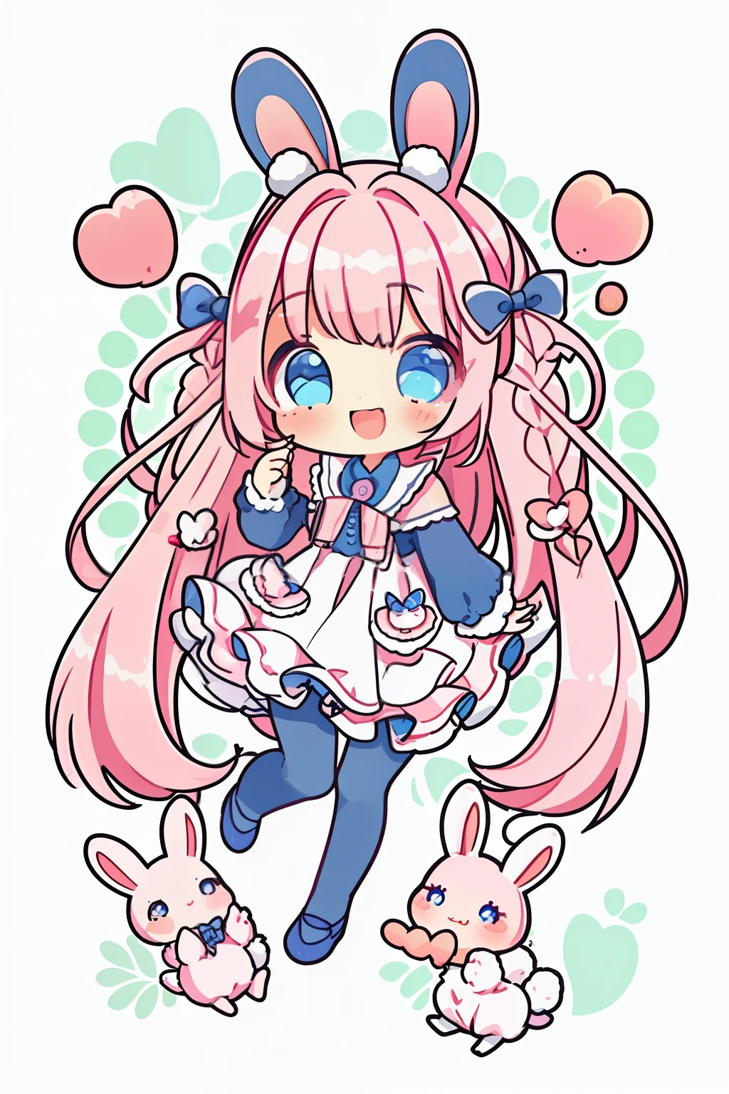 Chibi:1.5、top-quality、beautifullydetailedbackground、1girl in, Animal ears, Pink hair, Long hair, Rabbit, Open mouth, Smile, Rabbit ears, Bow, Solo, White background, Dress, pantyhose, walls, Blue eyes, Looking at Viewer, :D, Full body,