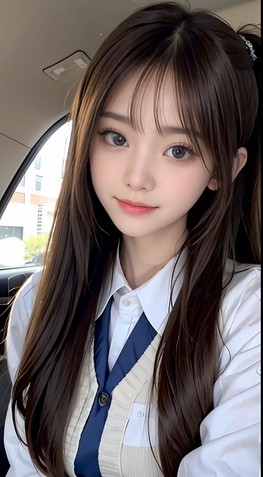 bright expression、Foto realism、top-quality、超A high resolution、A picture、The most beautiful photos of Nordic girls、Detailed cute and beautiful face、a small face、(PureErosFace_V1:0.008)、beautiful bangs、alice in the wonderland、young 17 years old、shiny white shiny skin、poneyTail、Bangs that extend to the face、By bangs、Hair between the eyes、Super long hair、Attractive platinum blonde hair is extra-long silky hair、finer hair、Charming glowing beauty bright clear clear light blue big eyes、School uniforms、Student clothes、eyes liner、Double eyelids、crisp breasts