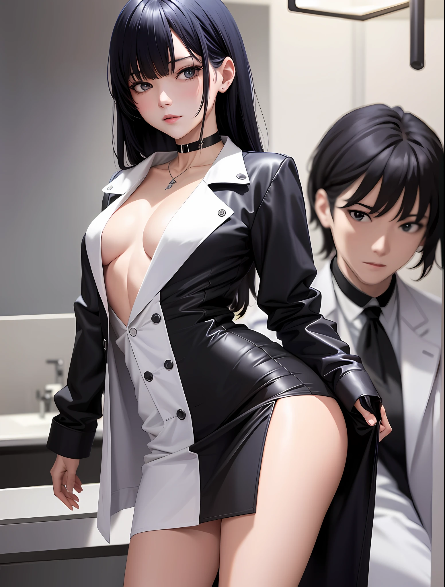 tmasterpiece， Hot lens， （（best qualtiy））， absurderes， Perfect ， Tae Takemi， （Small smile）， choker necklace， choker necklace， choker necklace， shift dresses， （：1.3）， no-bra， well-defined abdomen， labcoat， standing on your feet， Doctor's office background， sexyposture，（cleavage）