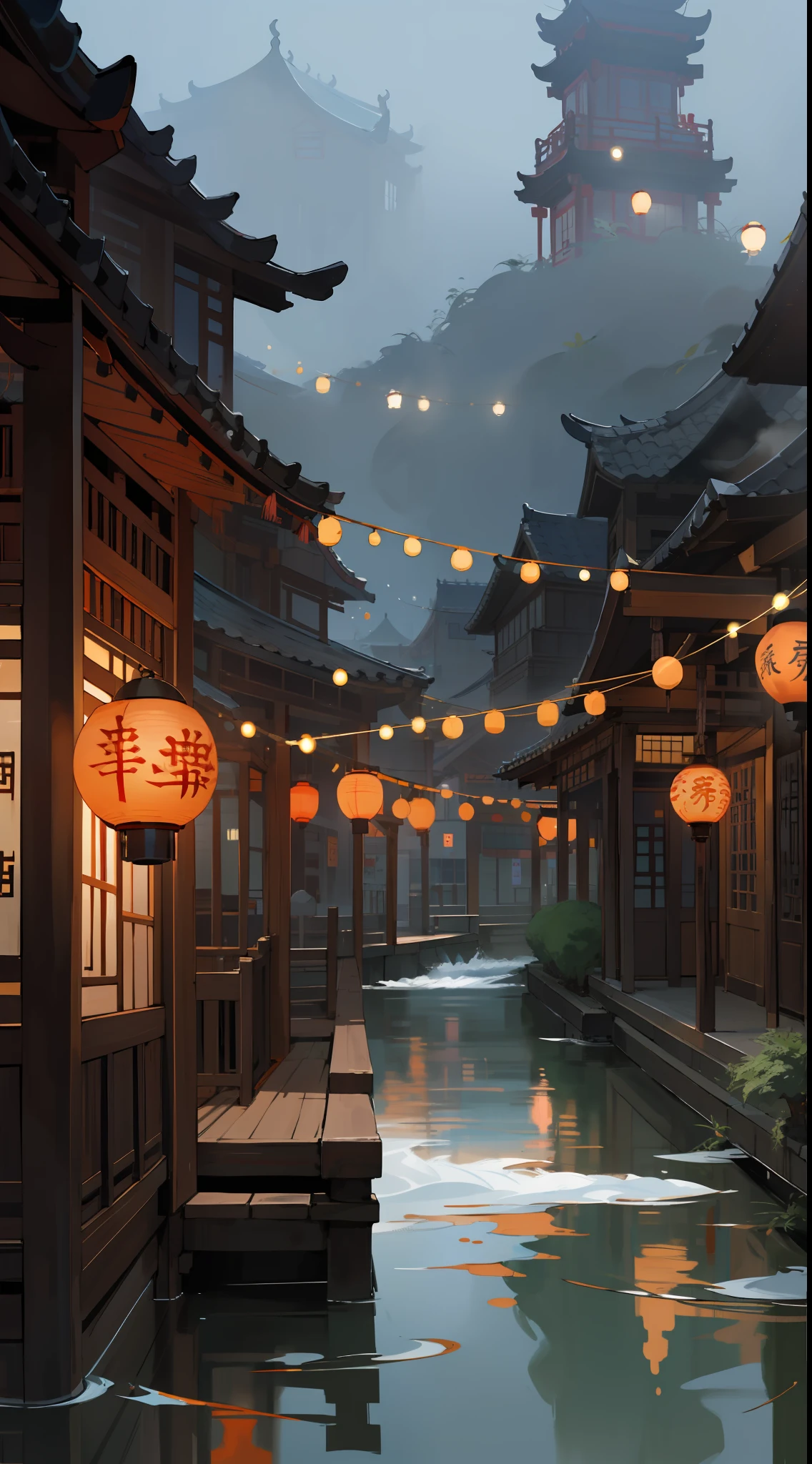 chinese paintings，Dream Chinese town，Flowing water，Lantern embellishment