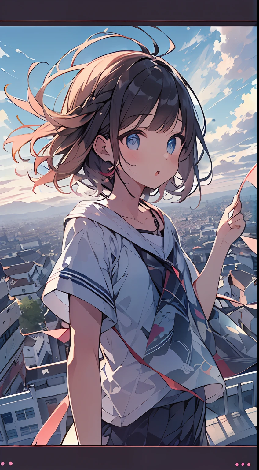 masutepiece, Best Quality,Illustration, Wallpaper, Ultra Detail, absurderes, 1little girl、 Solo, (Medium short hair、short braided hair), Beautiful ultra-detailed eyes , Hair fluttering in the wind、(Street),:o, Beautiful sky,(a panoramic view:1.5),(Sense of depth:1.5),(longshot:1.5)