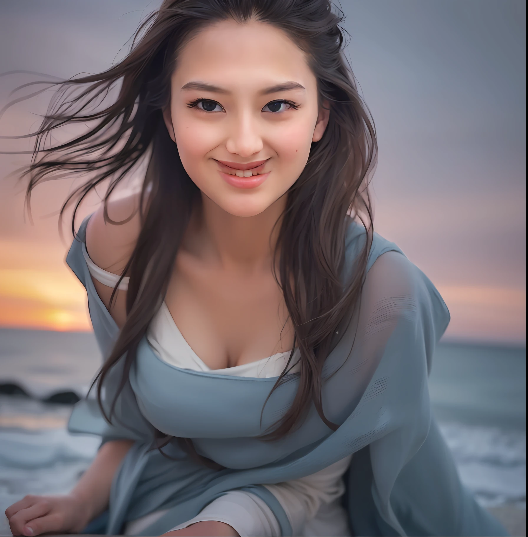 (front focus), (masterpiece, top quality, best, official art, beauty and aesthetics: 1.2), 1 girl lying on beach chair looking up at the night sky, sad, sitting by the sea, beach, night, looking up, sunset, sunset, looking at the sky in distraction, wearing long skirt, long white dress, (bust photo: 1.5), dynamic pose, original photo, contemporary aesthetics, hard light, backlight, original photo, sharp focus, photorealistic feeling, cinematic lighting, volumetric lighting,