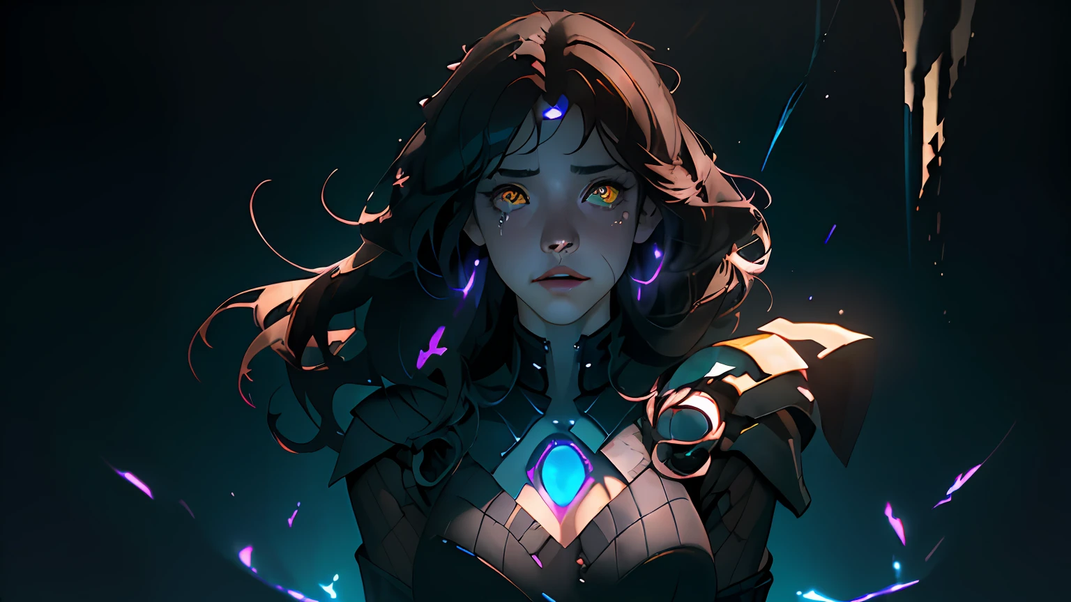 (beste-Qualit, tmasterpiece), hyper-realistic realistic texture, Masterpiece, Unreal Engine 5, extremely detailed CG unity 8k wallpaper, Realistic eyes, Madly detailed photo, (ecstasy of light and shadow, deep shadow), a 1girl, (ciberpunk), very beatiful girl, with cyberpunk style, particle, the wind, looks at the viewer, turned to the viewer, Definitely worth it, back light, upper-body, intervention, tumult, ambiguity, Blur, Like in a dream, dark flowing hair and yellow eyes, slight smile, tears in eyes, Glass eyes, Farewell atmosphere, There are a lot of wires in the background, gloomy atmosphere