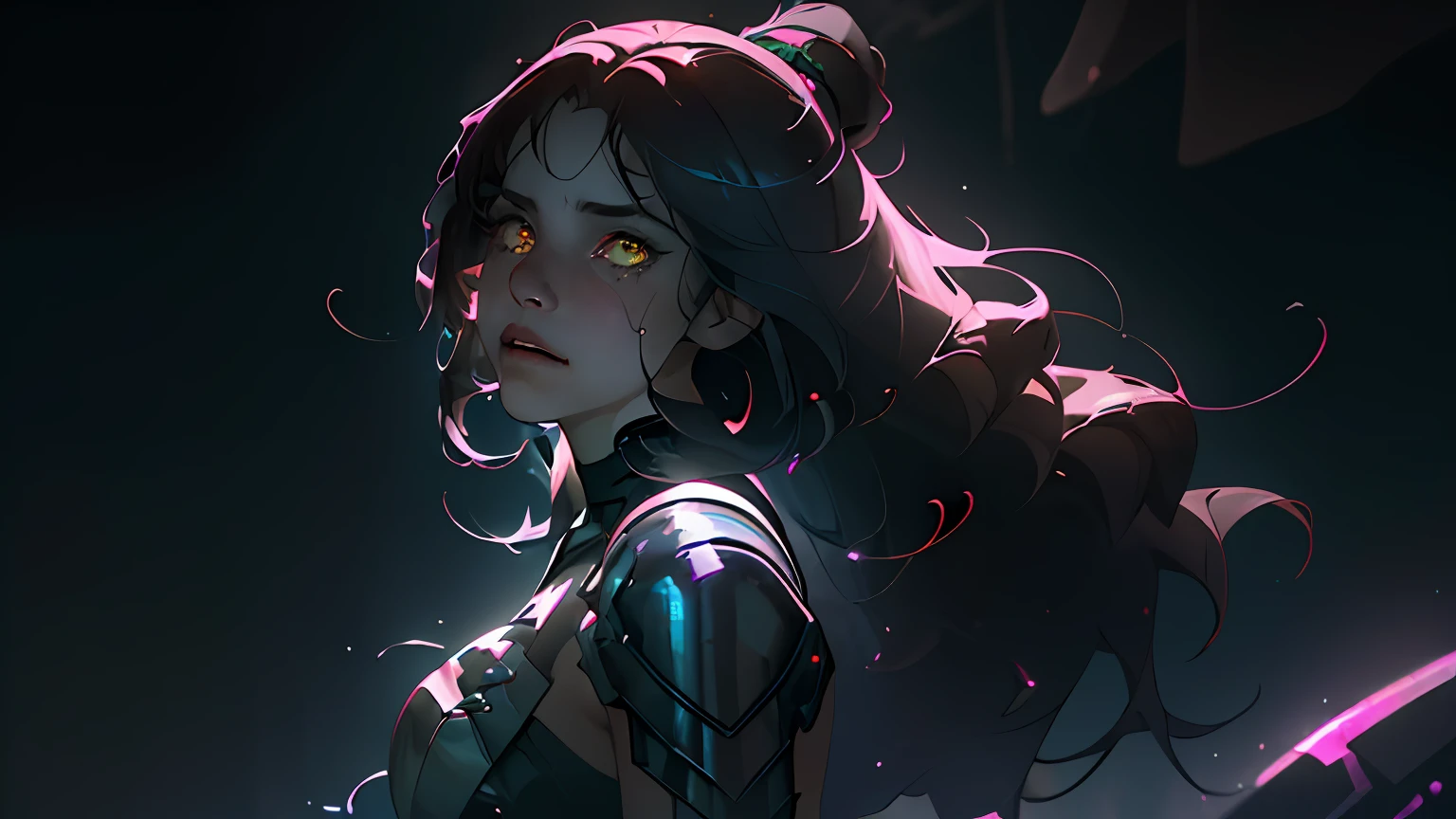 (beste-Qualit, tmasterpiece), hyper-realistic realistic texture, Masterpiece, Unreal Engine 5, extremely detailed CG unity 8k wallpaper, Realistic eyes, Madly detailed photo, (ecstasy of light and shadow, deep shadow), a 1girl, (ciberpunk), very beatiful girl, with cyberpunk style, particle, the wind, looks at the viewer, turned to the viewer, Definitely worth it, back light, upper-body, intervention, tumult, ambiguity, Blur, Like in a dream, dark flowing hair and yellow eyes, slight smile, tears in eyes, Glass eyes, Farewell atmosphere, There are a lot of wires in the background, gloomy atmosphere
