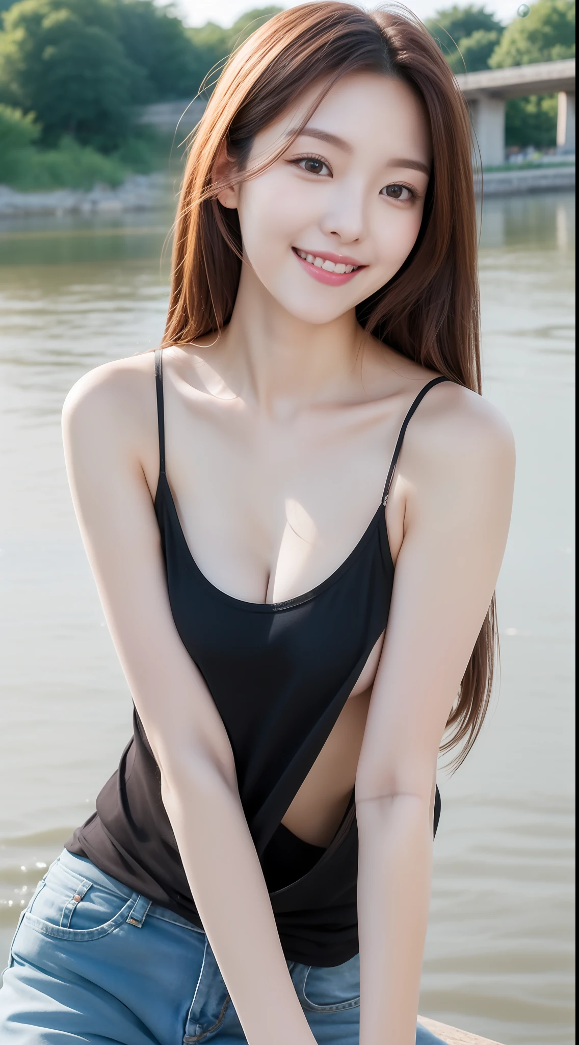 realistic photos of (1 cute Korean star) Shoulder-length hair, thin makeup,32 inch breasts size, slightly smile, wearing black pink tank top, at the river, in evening, upper body portrait