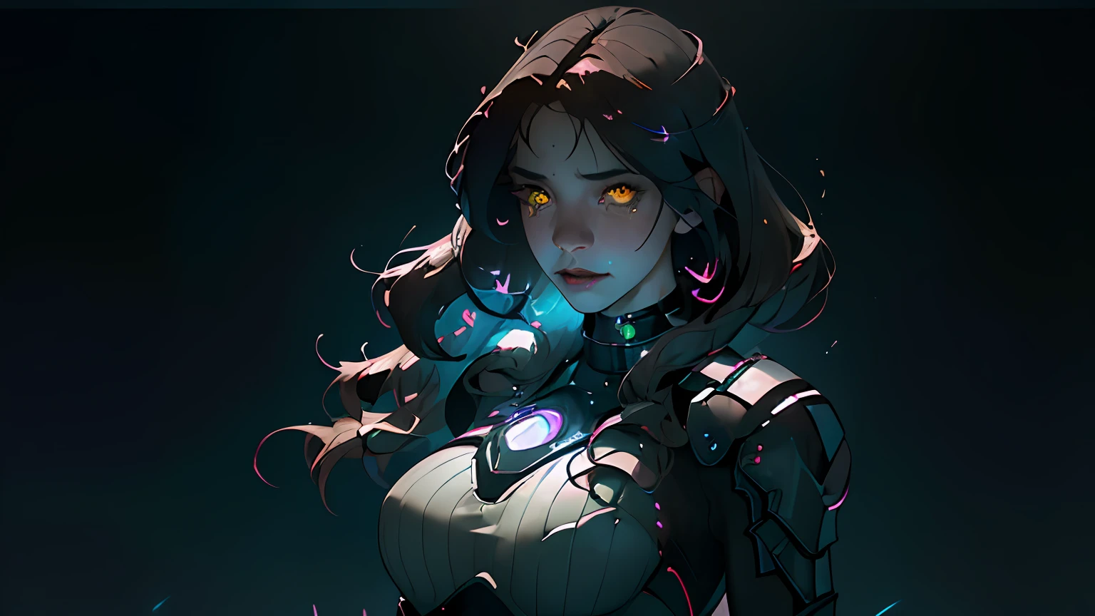 (beste-Qualit, tmasterpiece), hyper-realistic realistic texture, Masterpiece, Unreal Engine 5, extremely detailed CG unity 8k wallpaper, Realistic eyes, Madly detailed photo, (ecstasy of light and shadow, deep shadow), a 1girl, (ciberpunk), very beatiful girl, with cyberpunk style, particle, the wind, looks at the viewer, turned to the viewer, Definitely worth it, back light, upper-body, intervention, tumult, ambiguity, Blur, Like in a dream, dark flowing hair and yellow eyes, slight smile, tears in eyes, Glass eyes, Farewell atmosphere, There are a lot of wires in the background, gloomy atmosphere