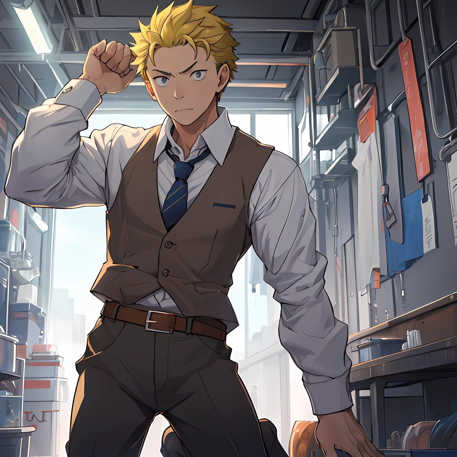 (1 Adult male),A high resolution, Sharp focus, Pixiv masterpiece, ((Complicated details)), highly detailed, natsuki_subaru, 1 man, Discouraged,full bodyesbian,Kneel, blue color eyes(eyes glowing), Short yellow hair,white shirt,Wear a tie,Wear a belt,perspire,look from down