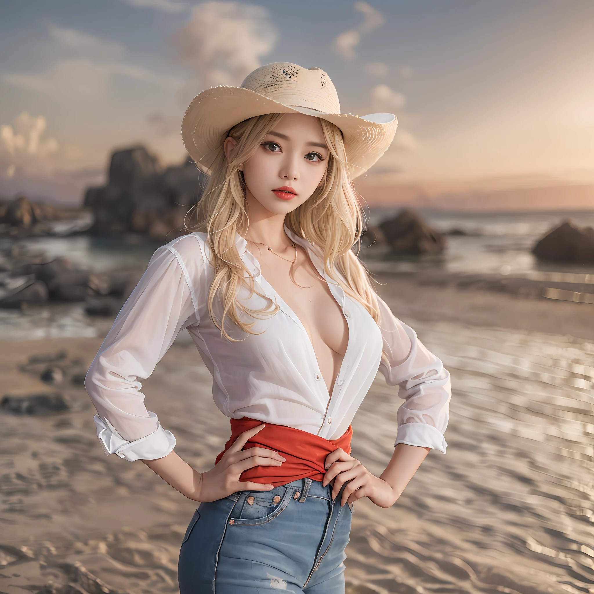 (8K、top-quality、​masterpiece:1.2)、(realisitic、Photorealsitic:1.37)、swim wears、1girl in、jpn、Woman in her 20s、natta、profetional lighting、photon maping、Radio City、small tits、red swim wear、gals、So many eyelashes、Eyeshadow intensifies、bright red lips、sexy model posing、looking in camera、toward to the camera、staring directly at camera、cowboy  shot、blonde  hair、fullbody image、 portlate、depth of fields、Raw foto、Beach background、
