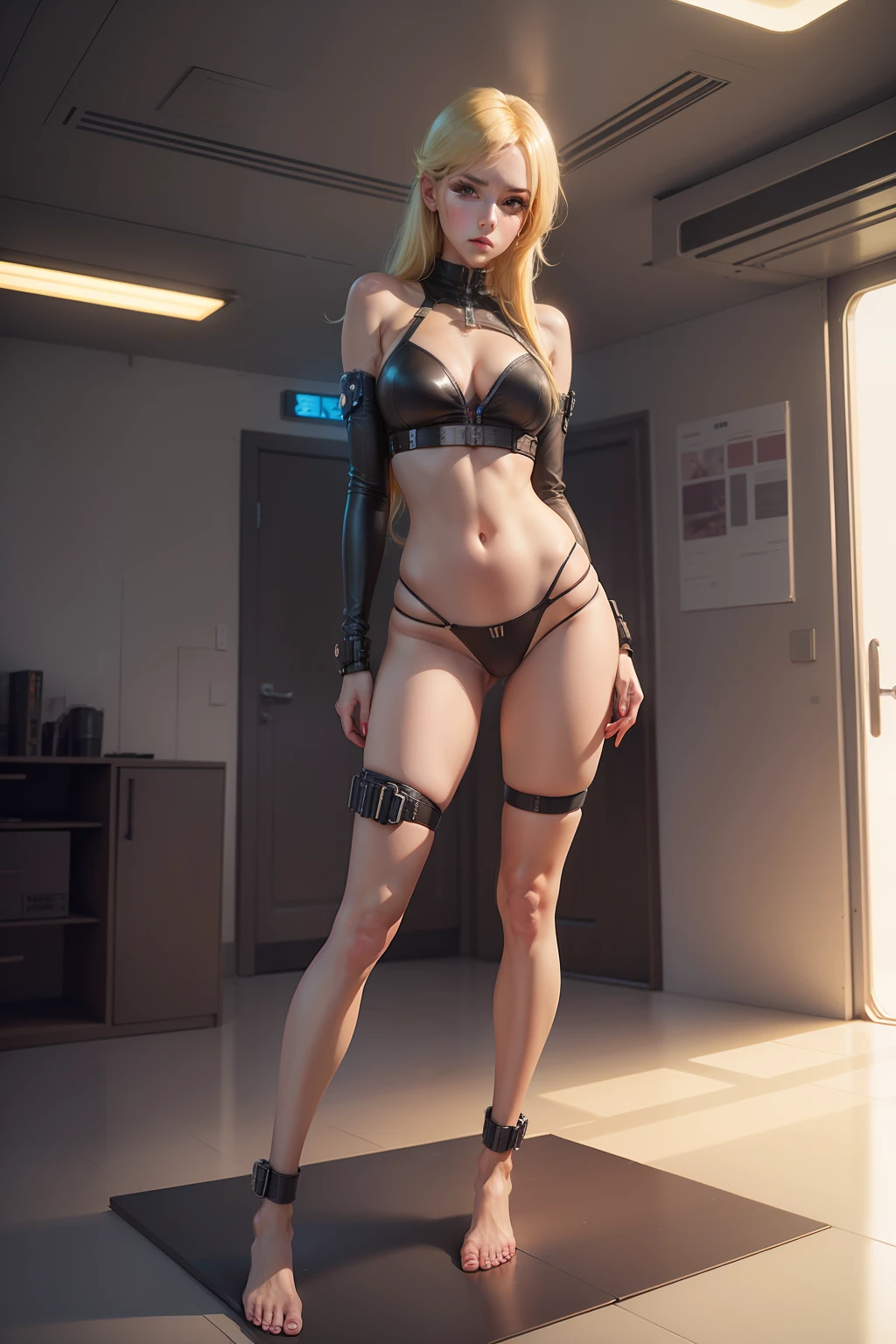 full bodyesbian,anime girl with blonde hair,Room and revealing clothes,Expose your navel and toes,stand posture,Arms and legs are fully exposed,T-belt panties,Can see feet,Strike seductive poses in futuristic cities,cyber punk style,16k