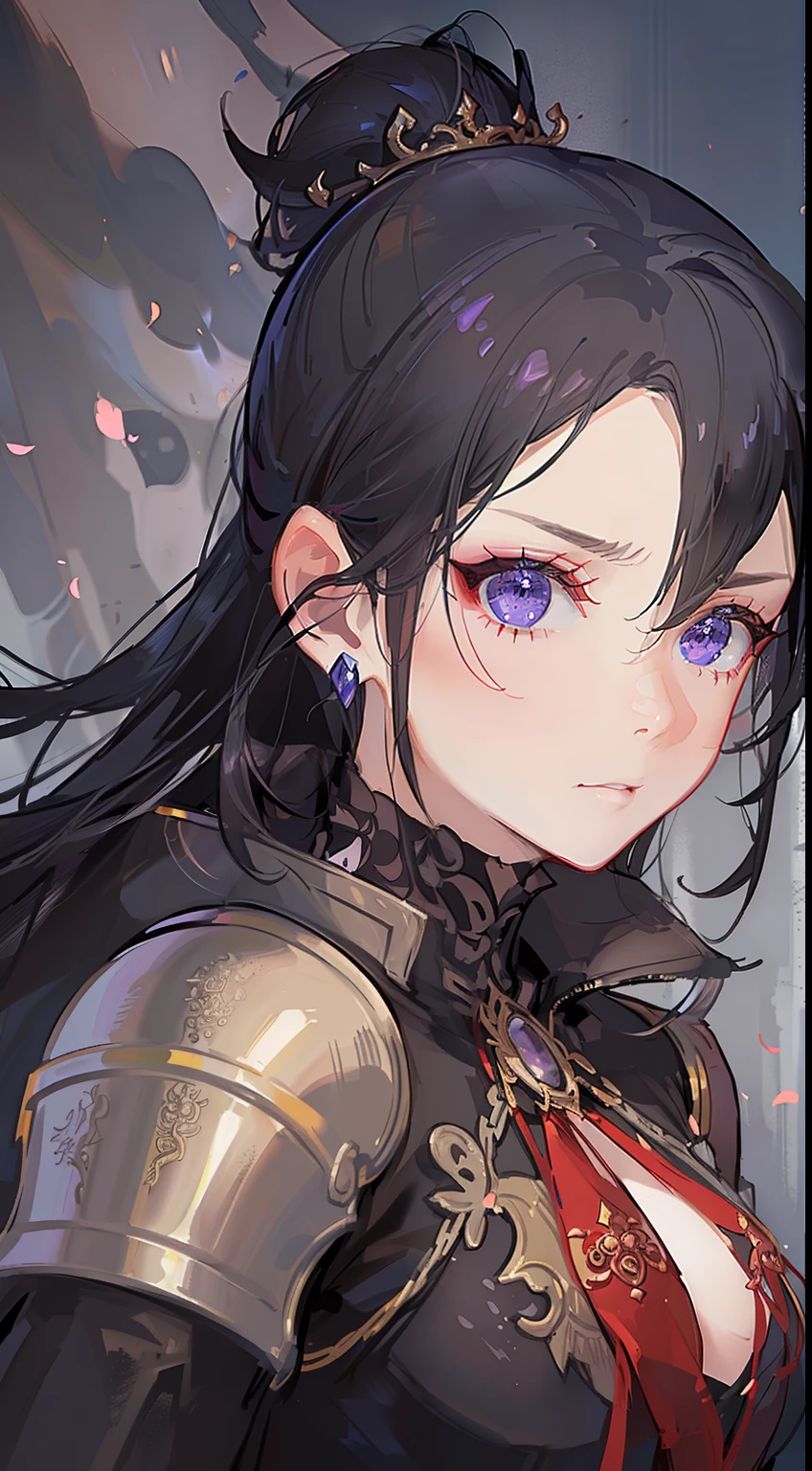 adult man, Long black hair, high ponytail, violet eyes, Fantasy, Korean Demon Armor, anger, Masterpiece, hiquality