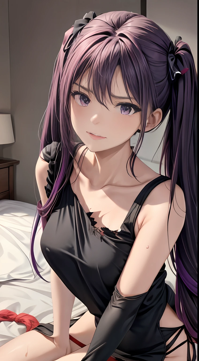 (masterpiece: 1.4), best quality, 1girl,
long hair, female , (angry: 1.2), purple hair, twintails, , tusk, purple eyes, black ribbon, medium breasts, thin thigh, slim body, thin legs, full body,
(shiny skin), look at the viewer, black bodysuit, torn legwear, bare feet,
(wet, sweat,
lying down, bed