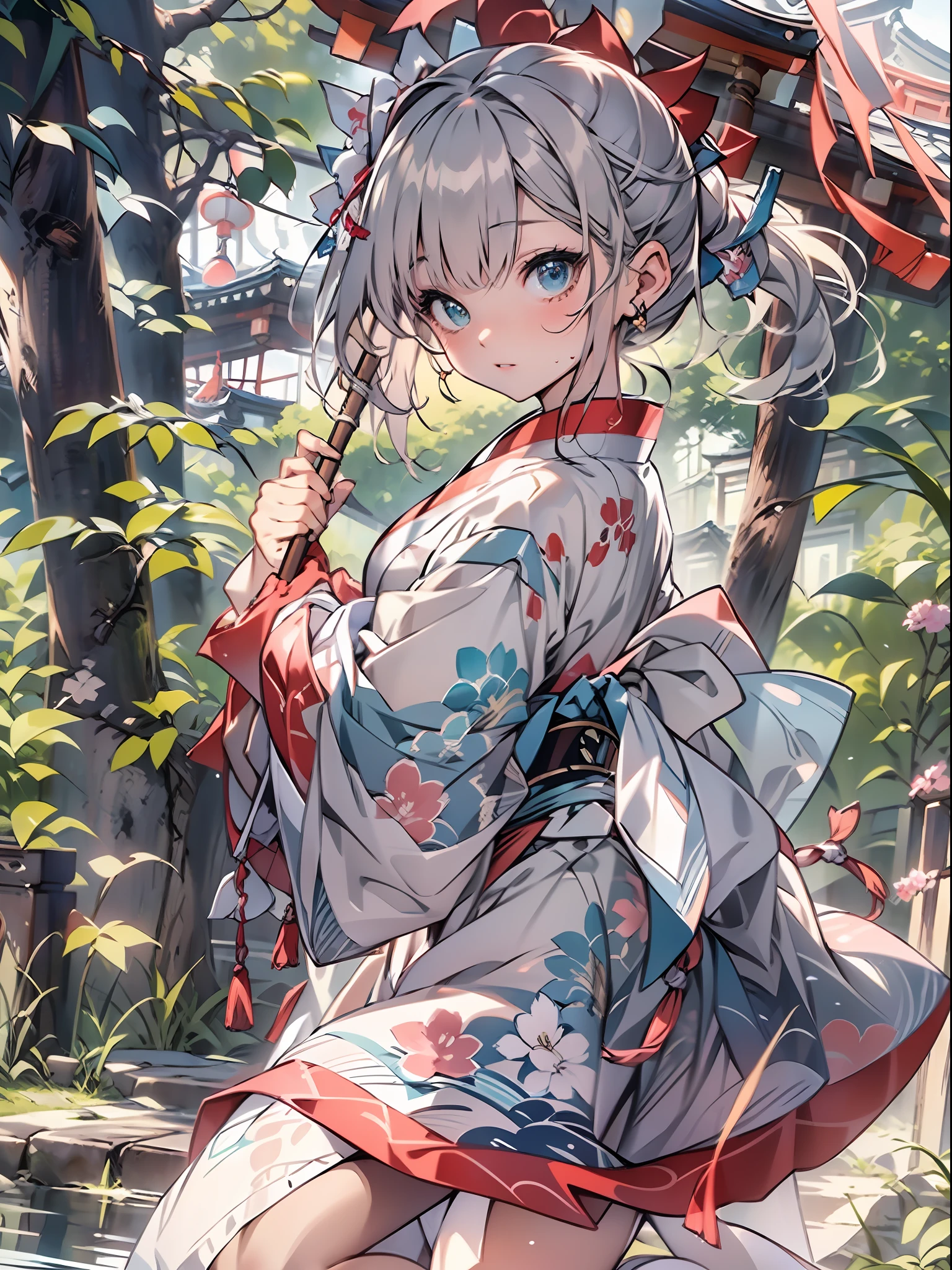 best quality, Detailed drawing, High resolution, HD, 4K, 1girl(solo, cute, kawaii, flat body, deep blue eyes, low twin tails, pale green shorthair), (red based Japanese shrine maiden's ceremonial dress, (short length):2, moe, bare shoulders, Detached sleeves)1.4, Knee socks, Absolute Area, Shinto shrine, hyper real, rich colored, detailed delicate cell anime work, beauty upper body shot, Glossy highlights that look like wet,