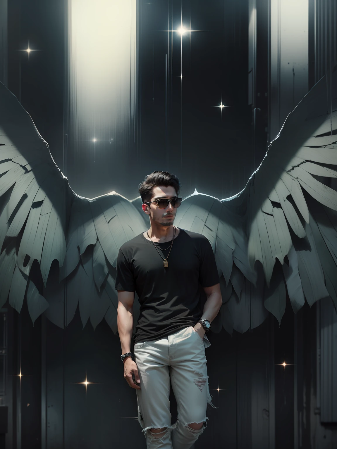 bookeh effect on background, black denim on white tshirt, watch, light black sunglasses, denim jeans pant, realistic, 4k, sharp details
