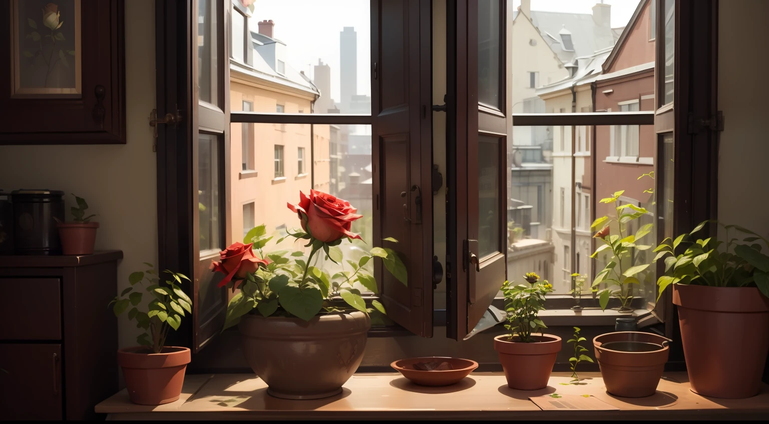 There are several roses on the windowsill，There are some small worms on the rose
